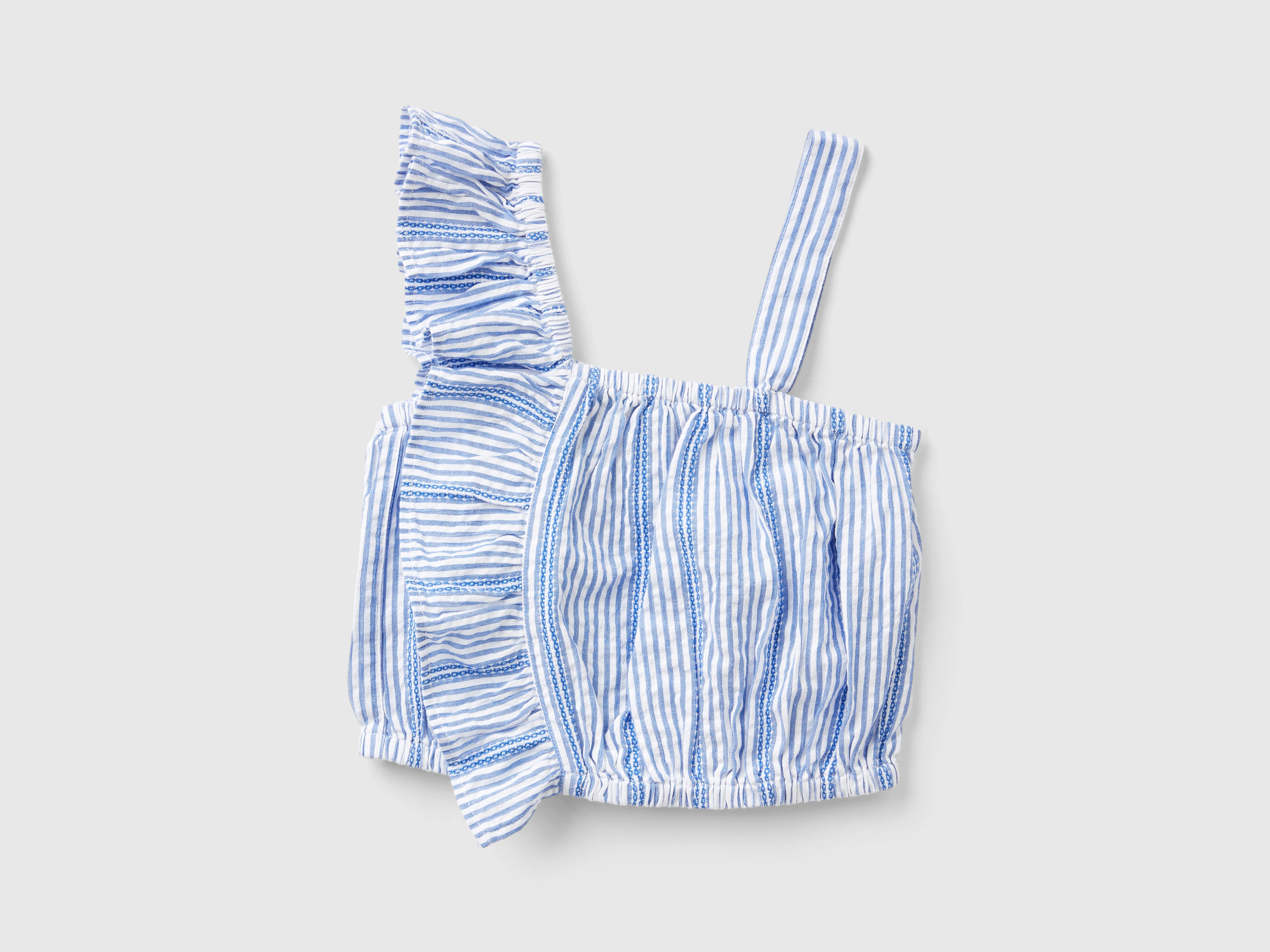 Benetton, Top A Righe Con Rouches, Blu Chiaro, Bambini