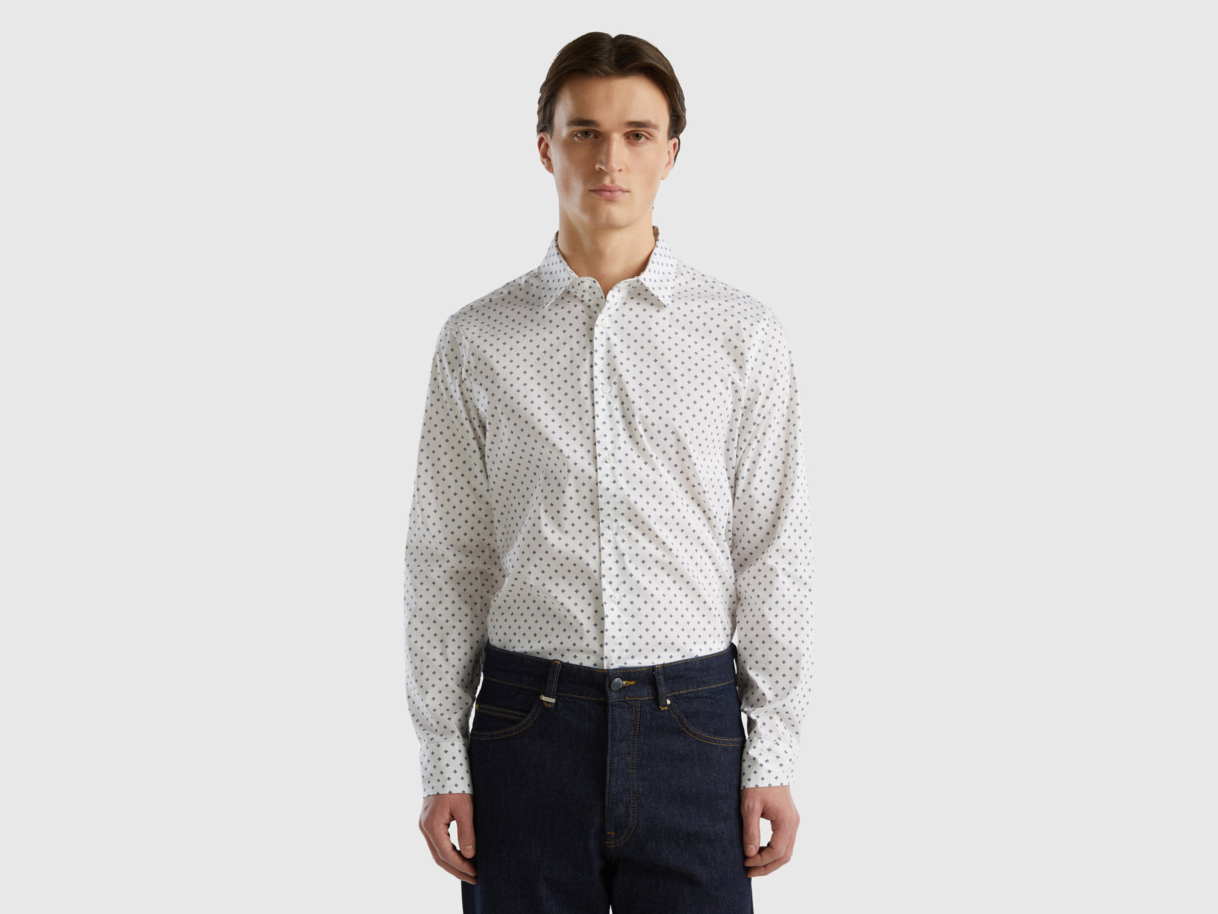 Benetton, Slim Fit Micro-patterned Shirt, size M, White, Men