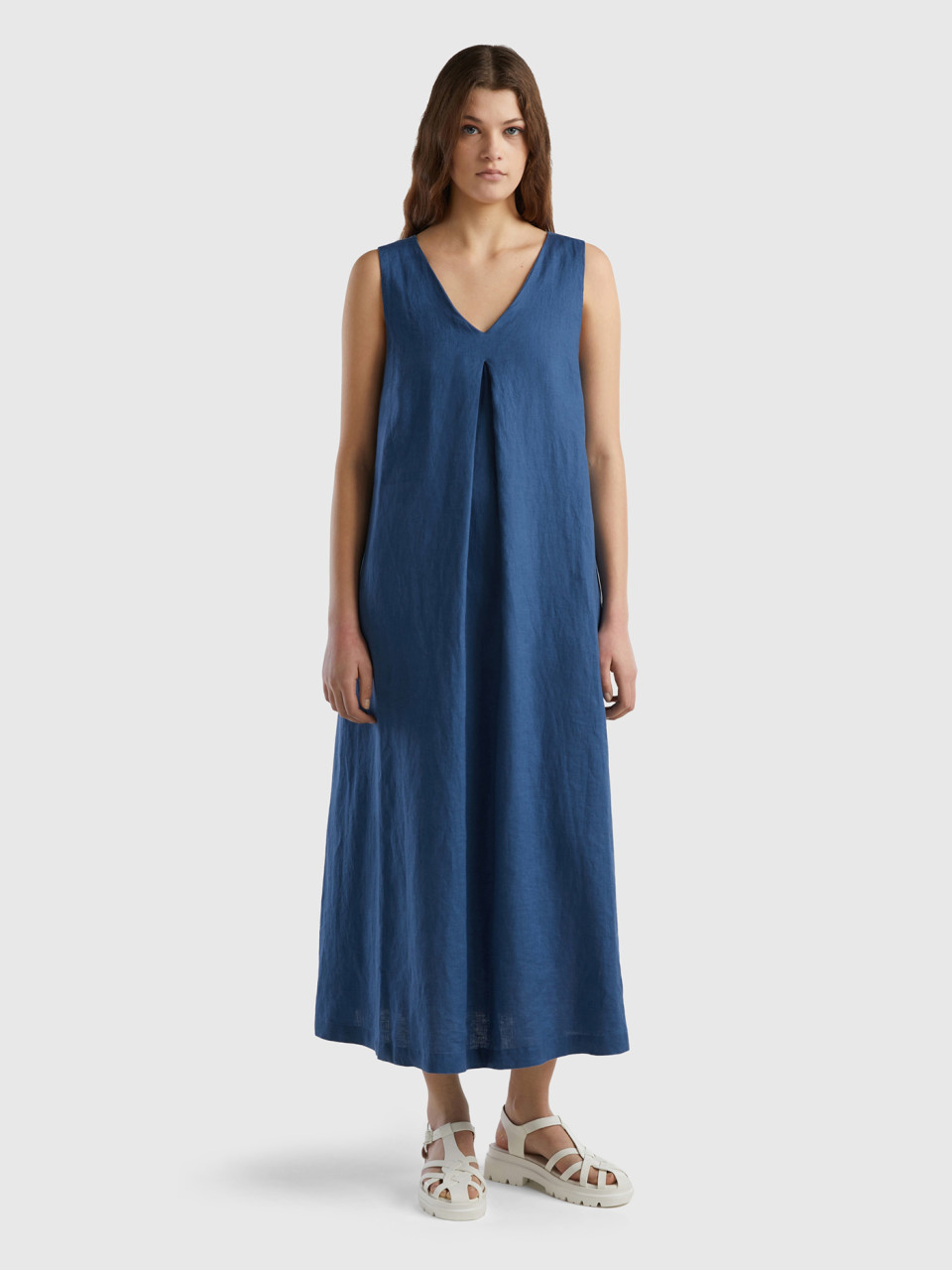 Benetton, Sleeveless Dress In Pure Linen, Air Force Blue, Women