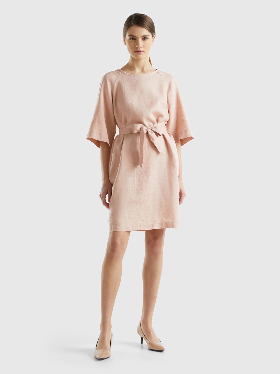 Benetton, Short Dress In Pure Linen, Soft Pink, Women