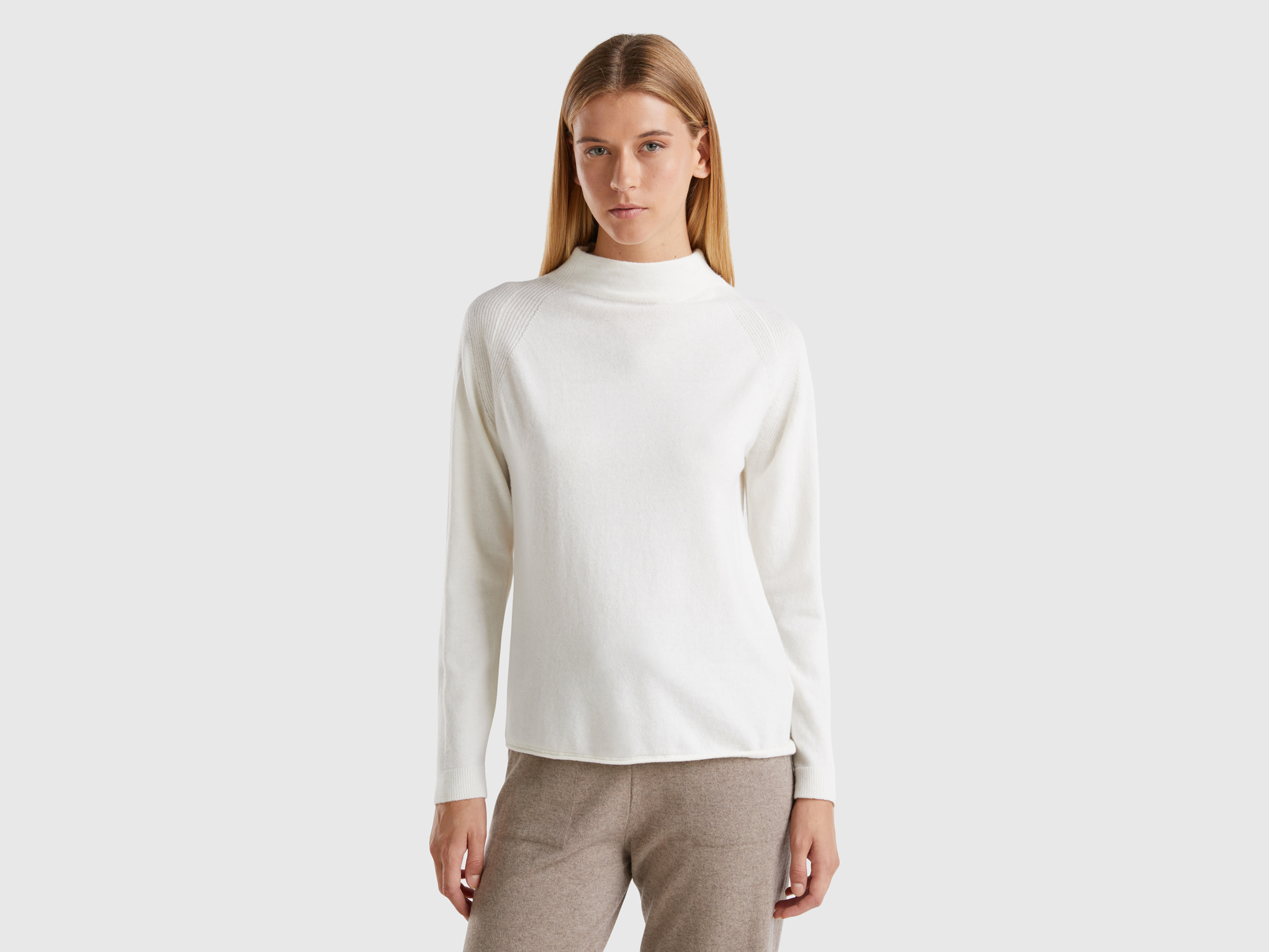 Benetton, Maglione In Misto Cashmere, Bianco Panna, Donna