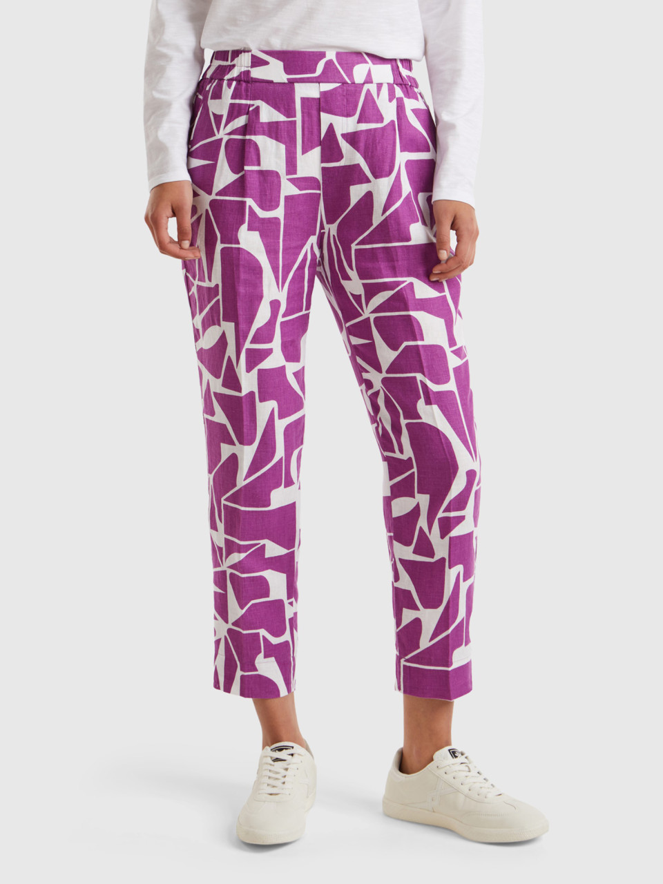 Benetton, Printed Linen Trousers, Violet, Women