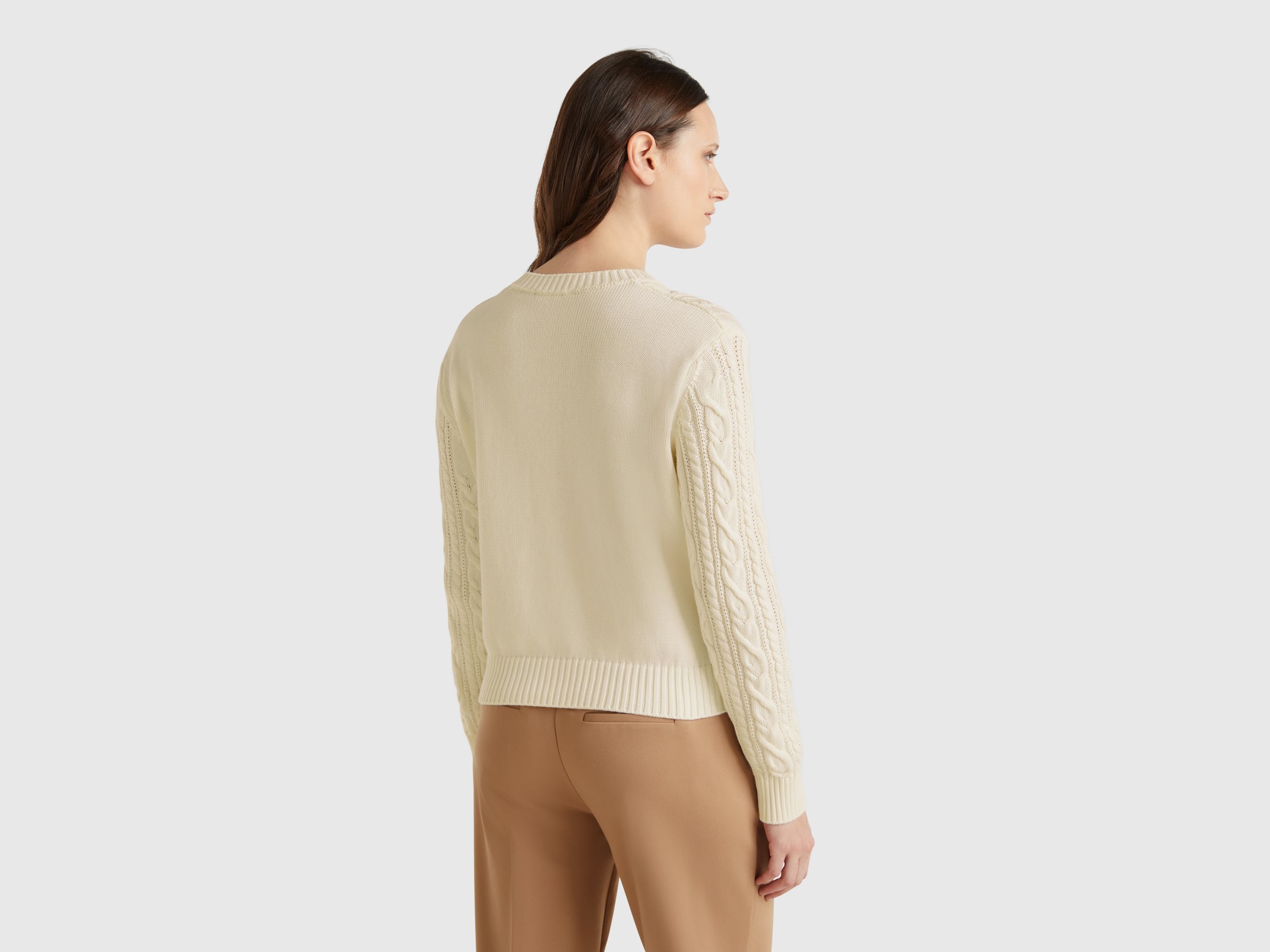 Benetton, Μπλούζα Με Πλεξούδες Από 100% Βαμβακερό, size XL, Λευκο Κρεμ, Γυναικεία φωτογραφία
