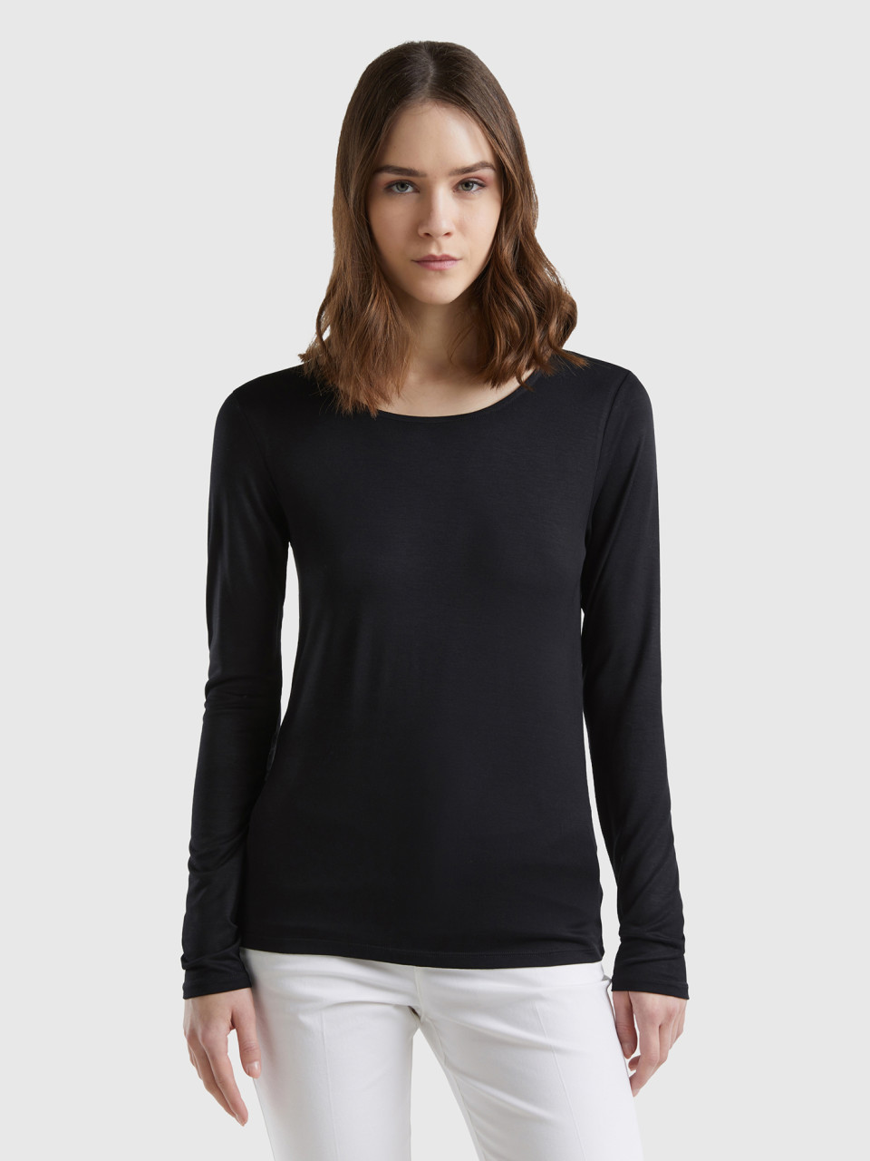 Benetton, Camiseta De Viscosa Sostenible Elástica, Negro, Mujer