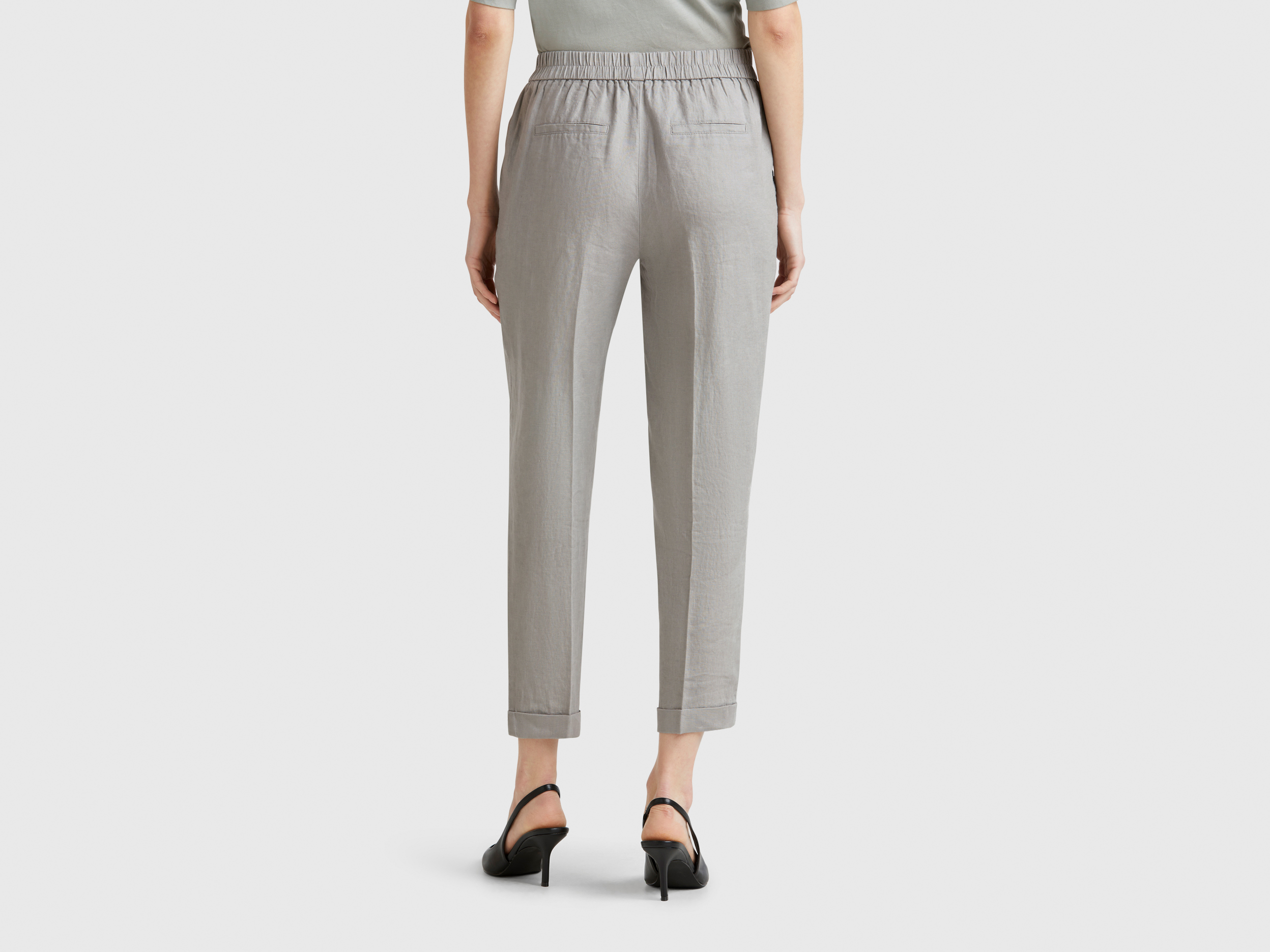 Benetton, Παντελόνι Cropped Από 100% Λινό, size L, Γκρι, Γυναικεία φωτογραφία