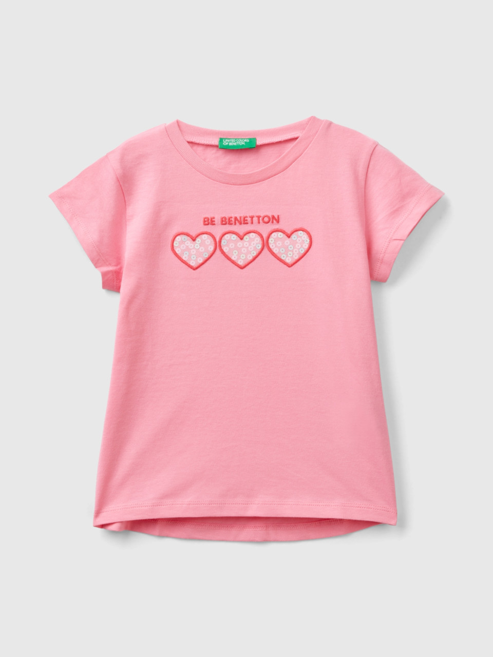 Benetton, T-shirt In Organic Cotton With Embroidered Logo, Pink, Kids