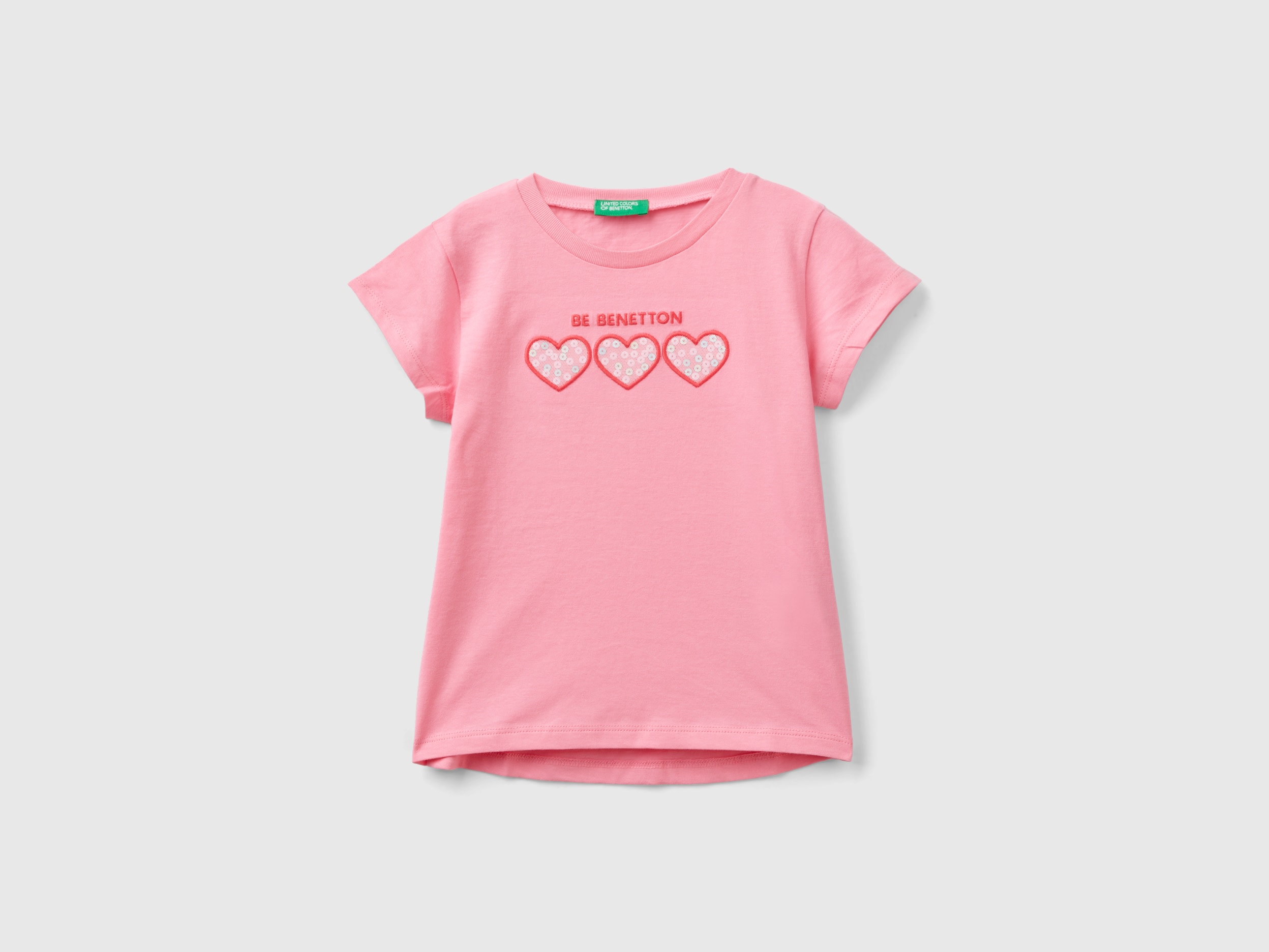 Image of Benetton, T-shirt In Organic Cotton With Embroidered Logo, size 104, Pink, Kids