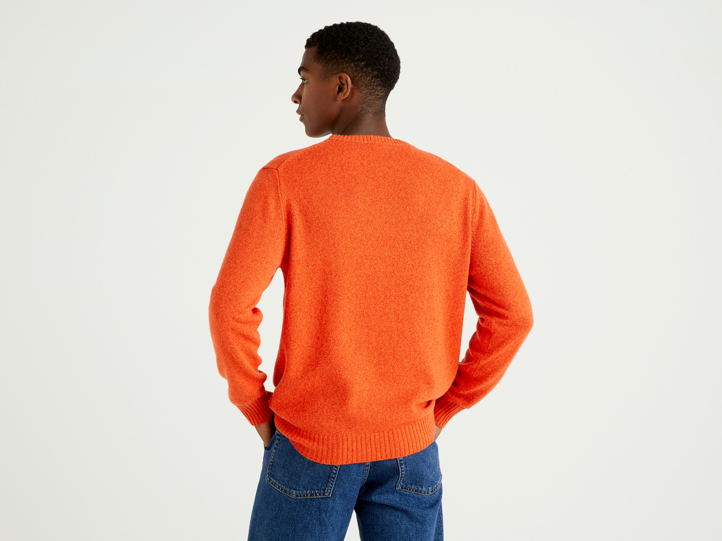Benetton, Crew Neck Sweater In Cashmere And Wool Blend, Taglia Xxl, Orange, Men