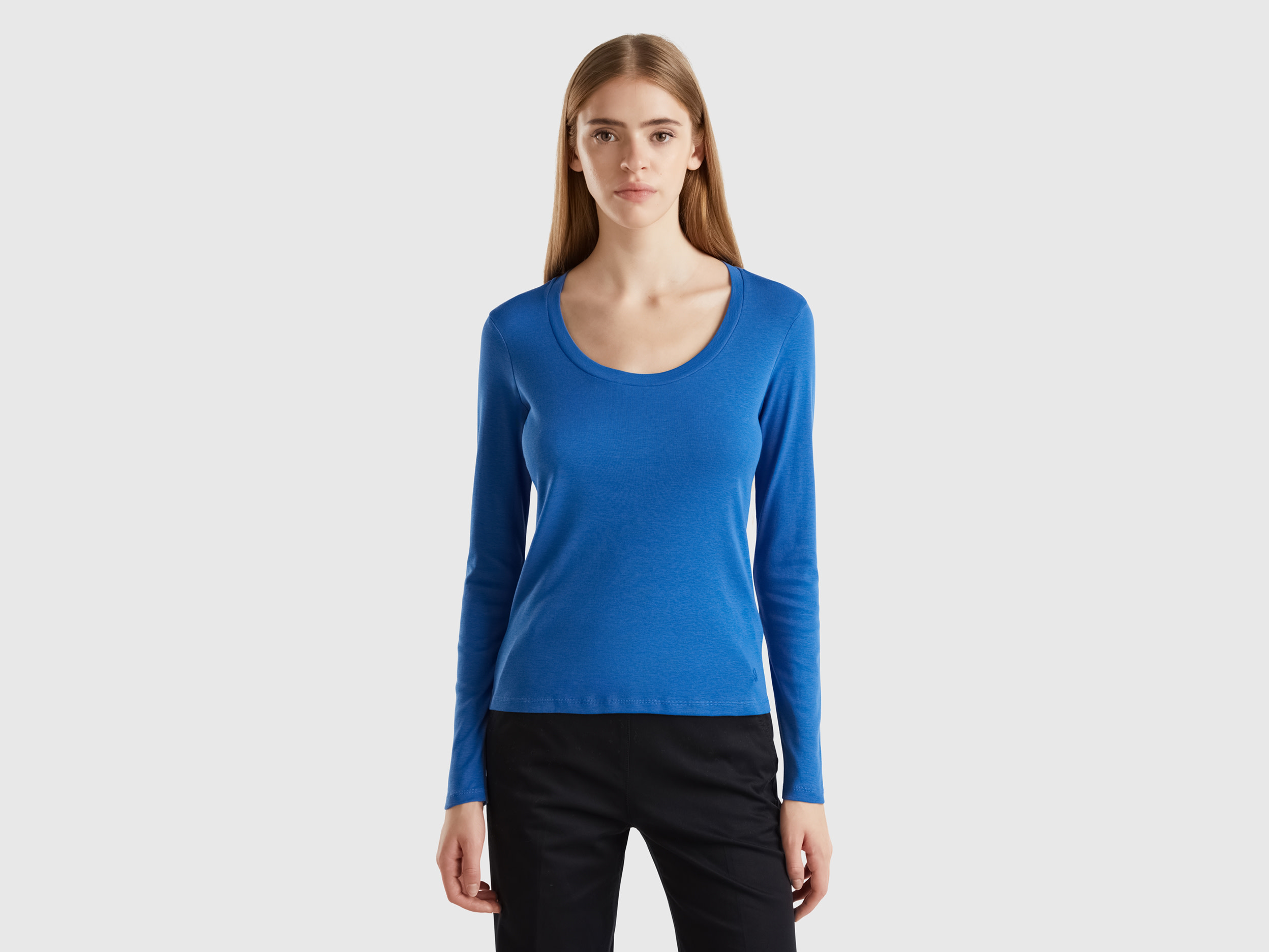 Benetton, T-shirt Manica Lunga In Puro Cotone, Avio, Donna