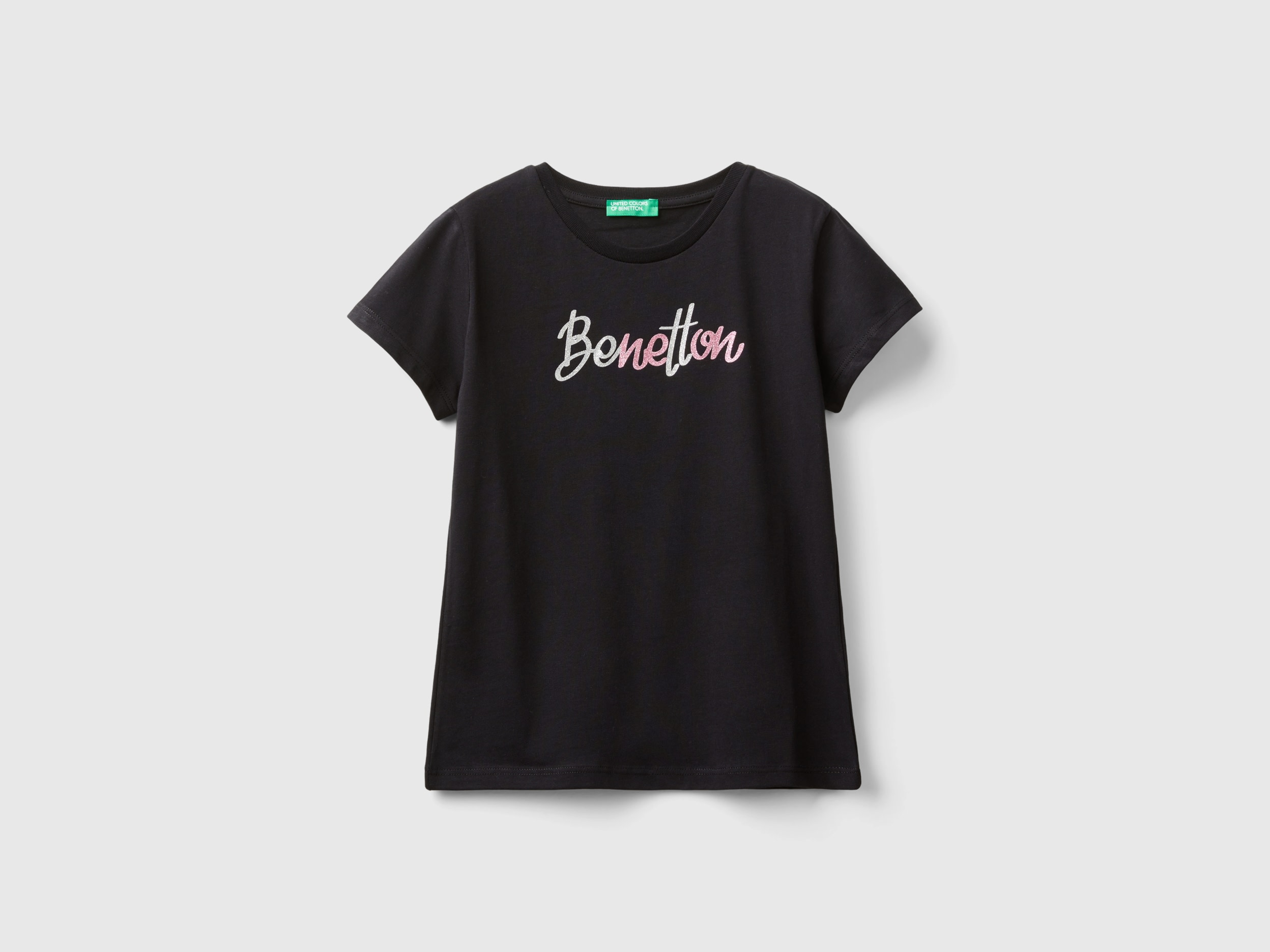 Benetton, T-shirt Con Logo Glitter In Cotone Bio, Nero, Bambini
