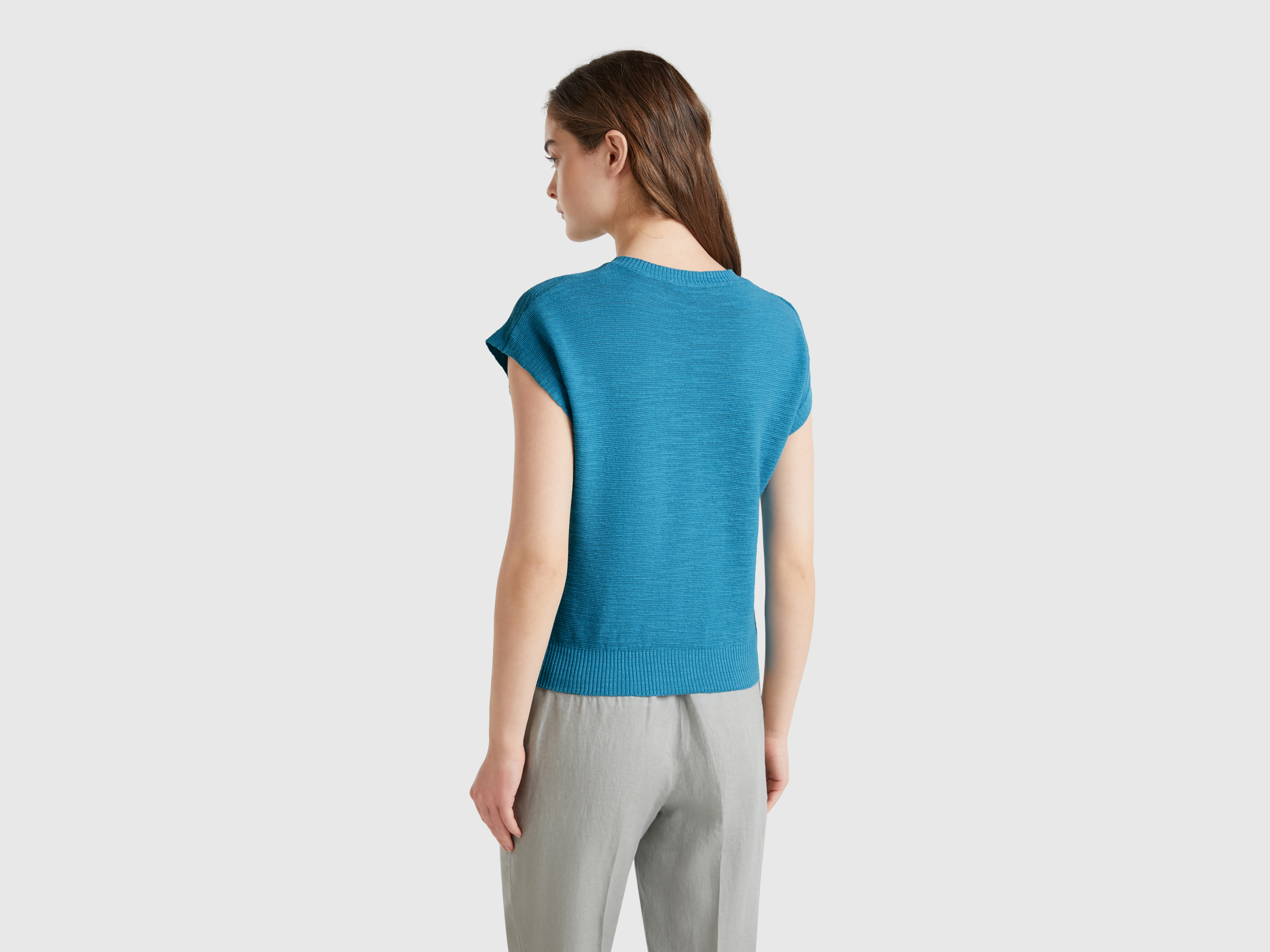 Benetton, Γιλέκο Από Ανάμεικτο Βαμβακερό Και Λινό, size XL, Γαλαζοπρασινο, Γυναικεία φωτογραφία