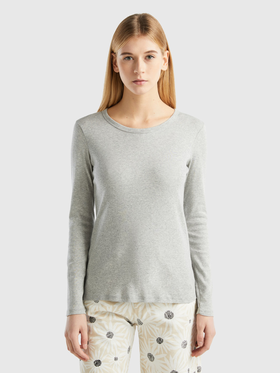 Benetton, Long Sleeve Pure Cotton T-shirt, Light Gray, Women
