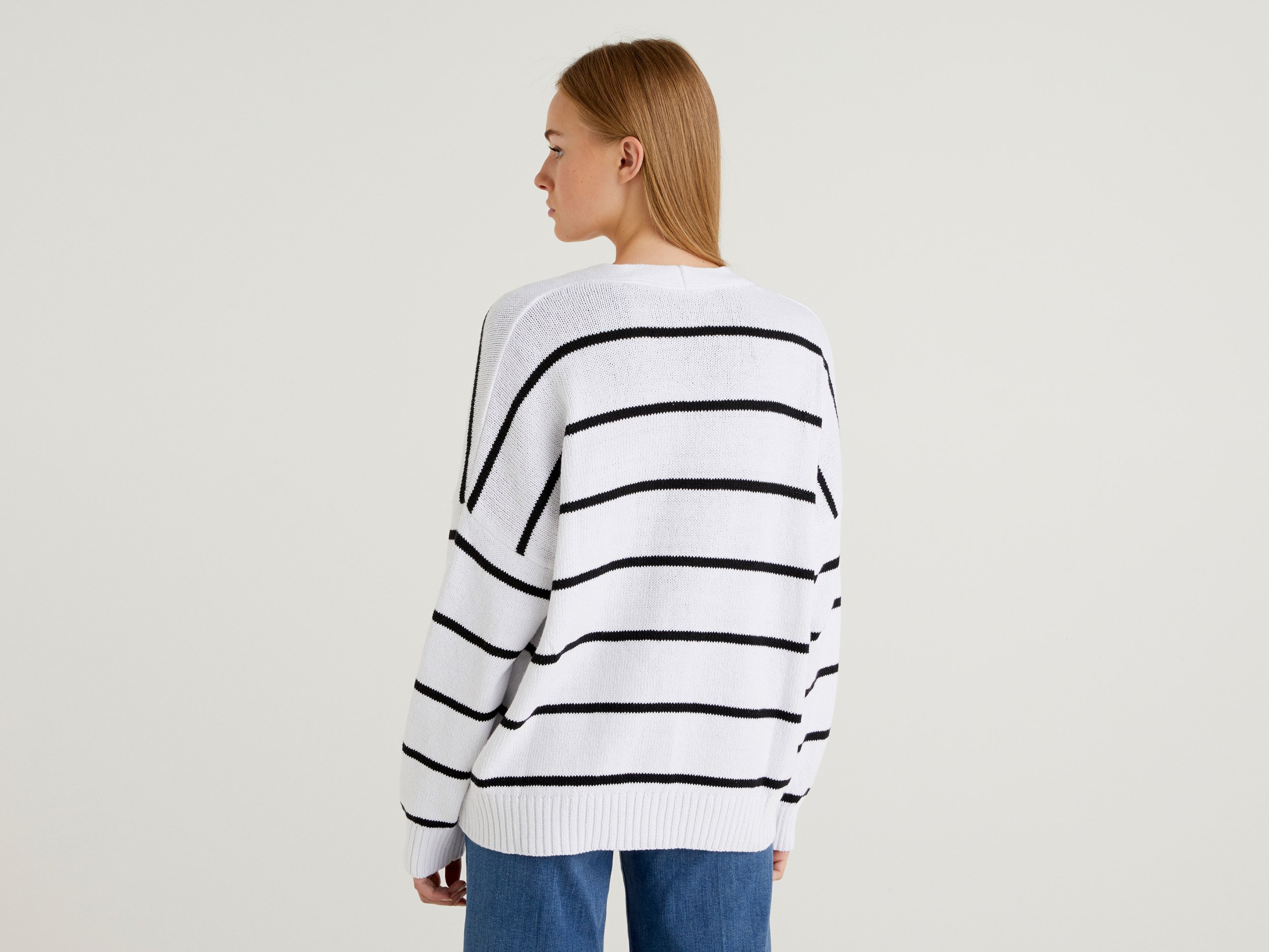Benetton, Striped Cardigan With Buttons, Taglia L-Xl, White, Women