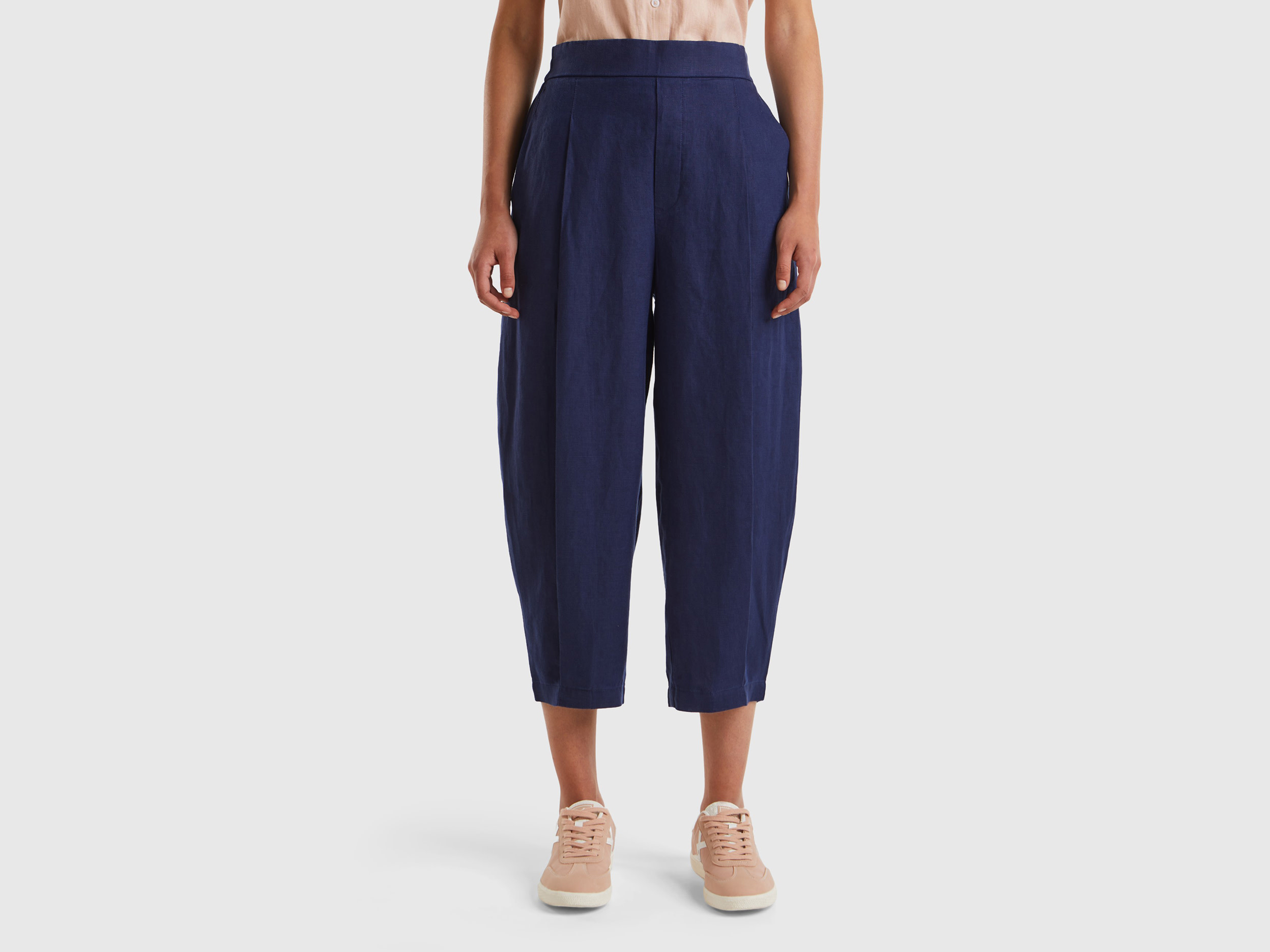 Benetton, Pantaloni Morbidi In Puro Lino, Blu Scuro, Donna