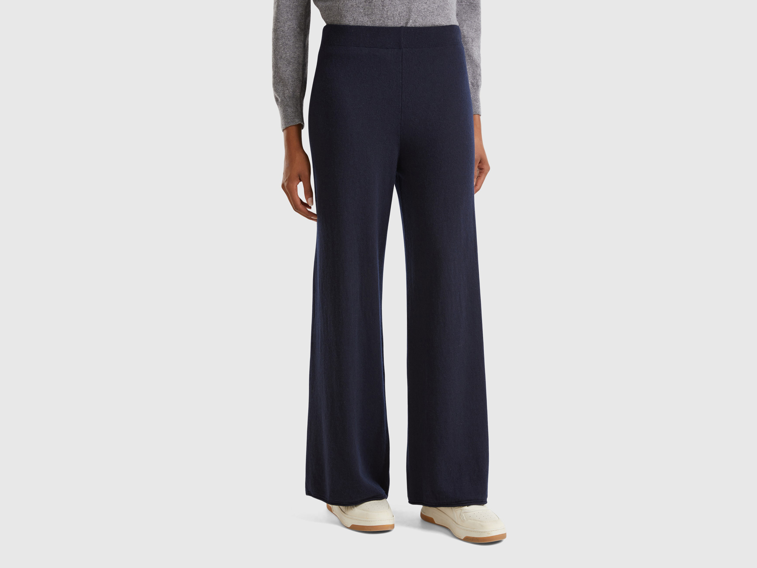 Benetton, Pantaloni Ampi Blu Scuro In Misto Lana E Cashmere, Blu Scuro, Donna