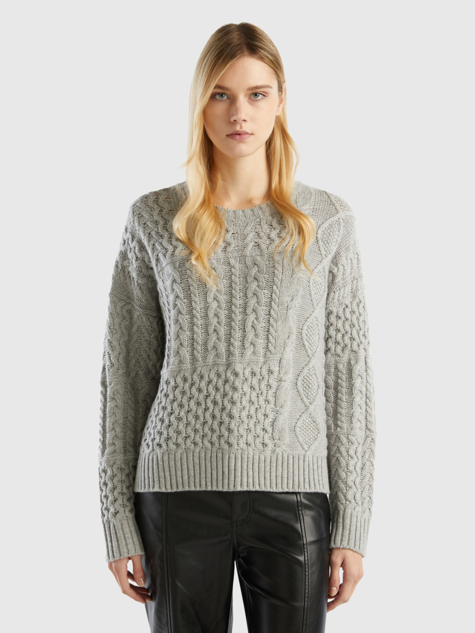 Benetton, Knit Patchwork Sweater, Light Gray, Women