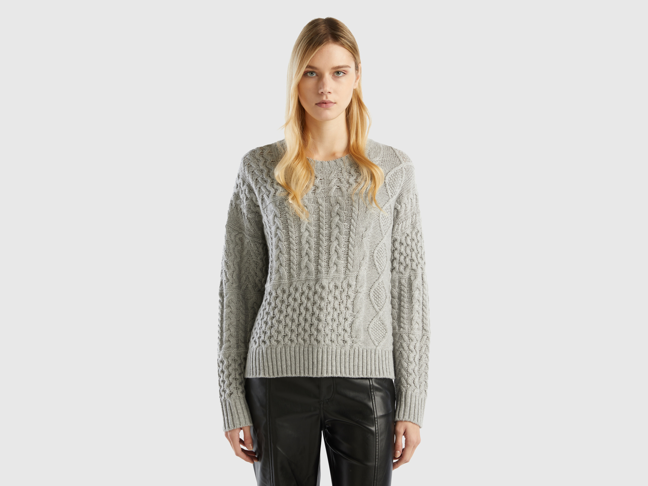 Benetton, Knit Patchwork Sweater, size L-XL, Light Gray, Women