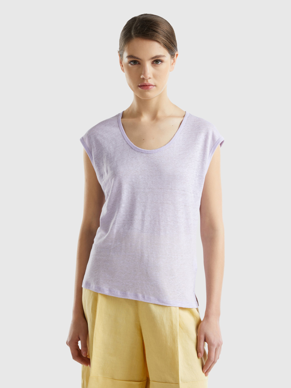 Benetton, Wide Neck T-shirt In Pure Linen, Lilac, Women