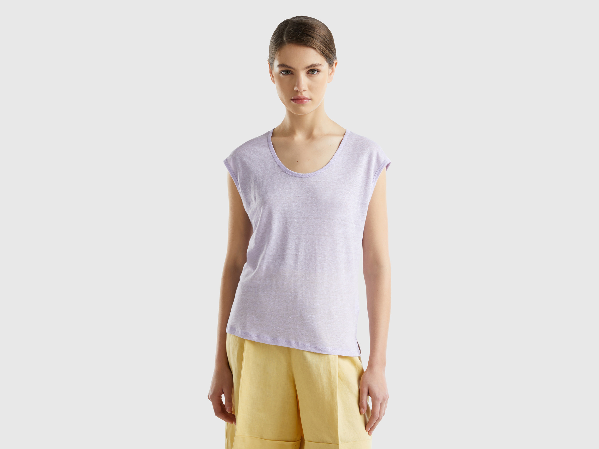 Benetton, Maglietta Scollo Ampio In Puro Lino, Lilla, Donna