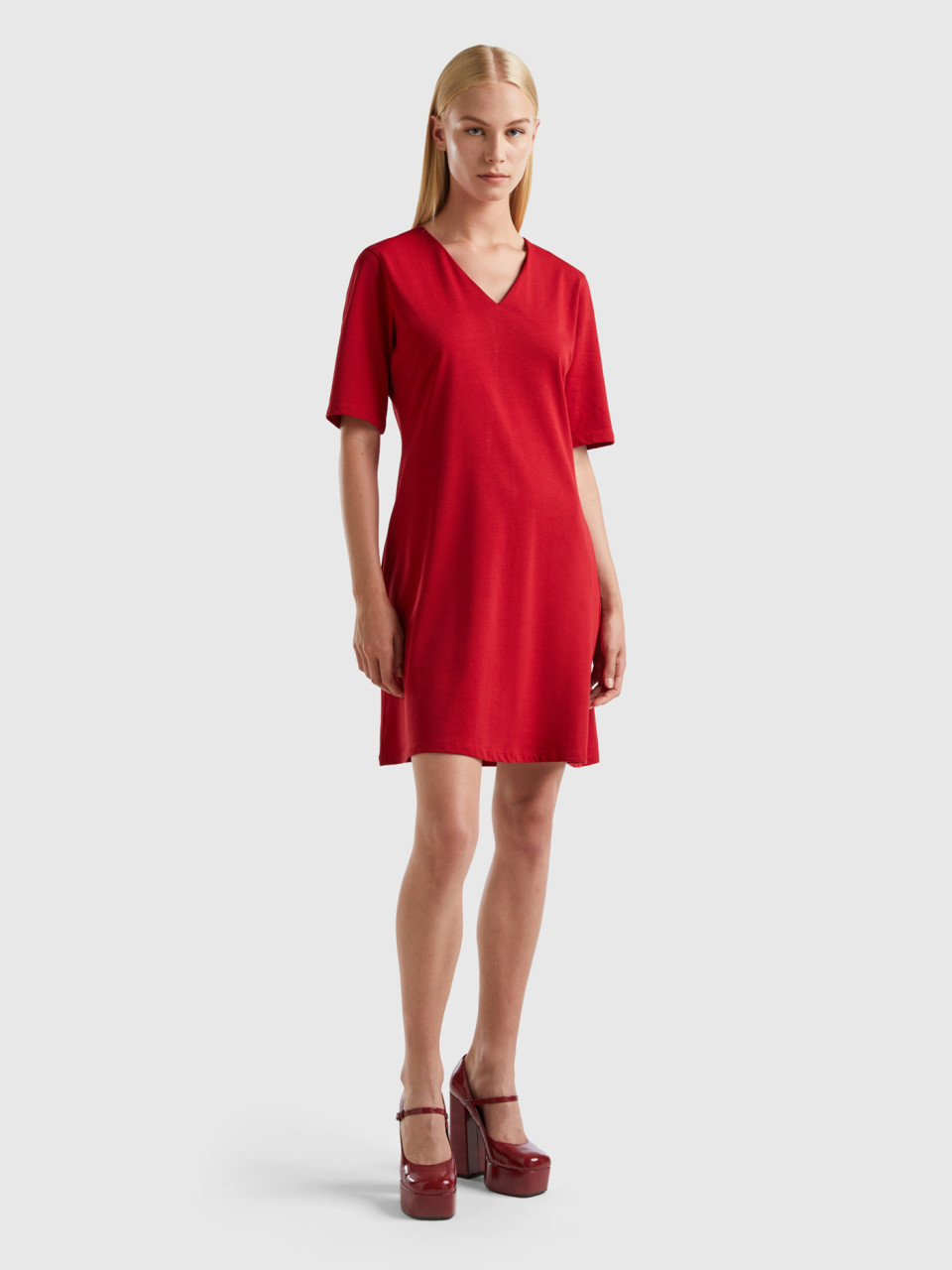 Benetton, V-neck Dress In Pure Cotton, Red, Women