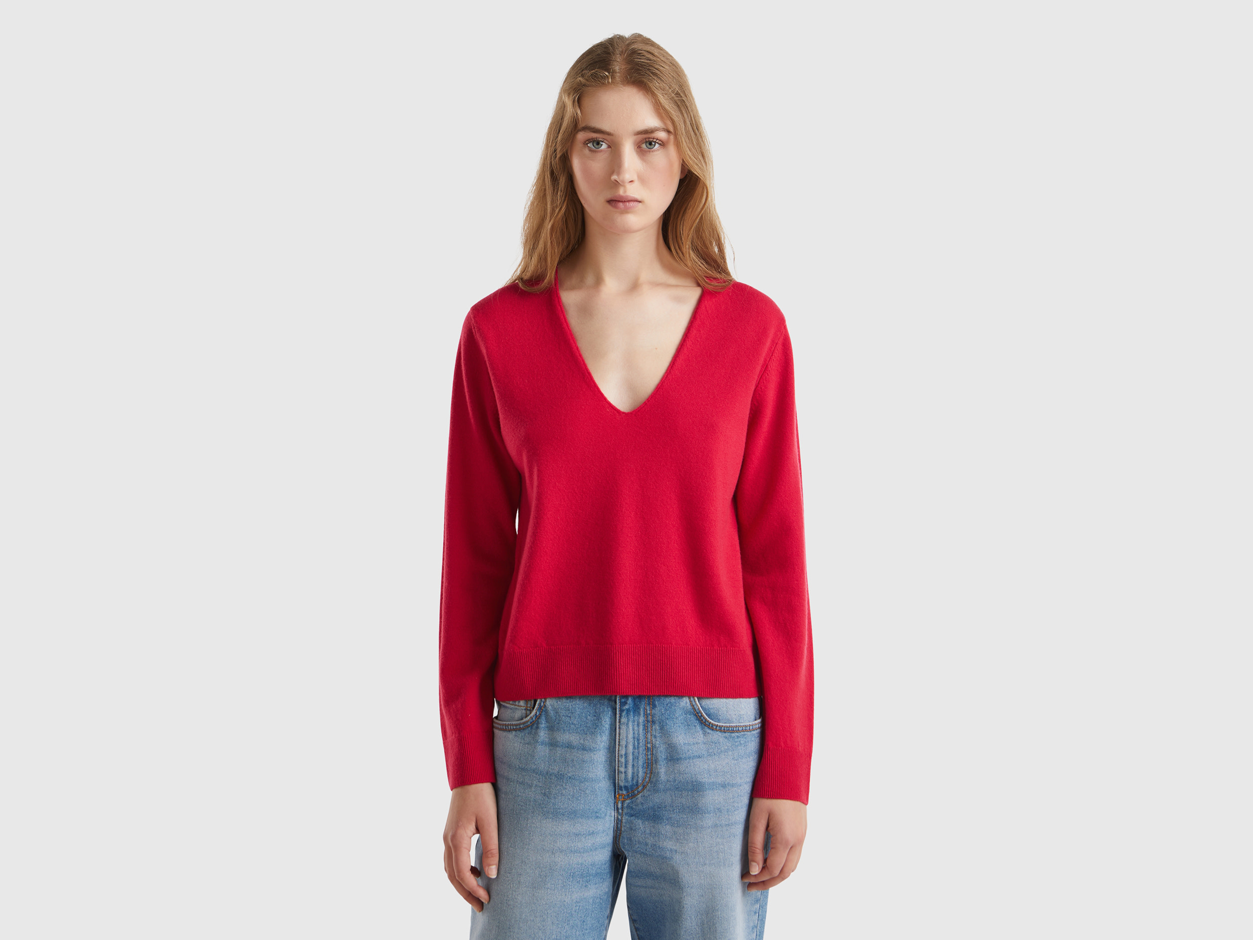 Benetton, Maglione Rosso Prugna Con Scollo A V In Pura Lana Merino, Prugna, Donna
