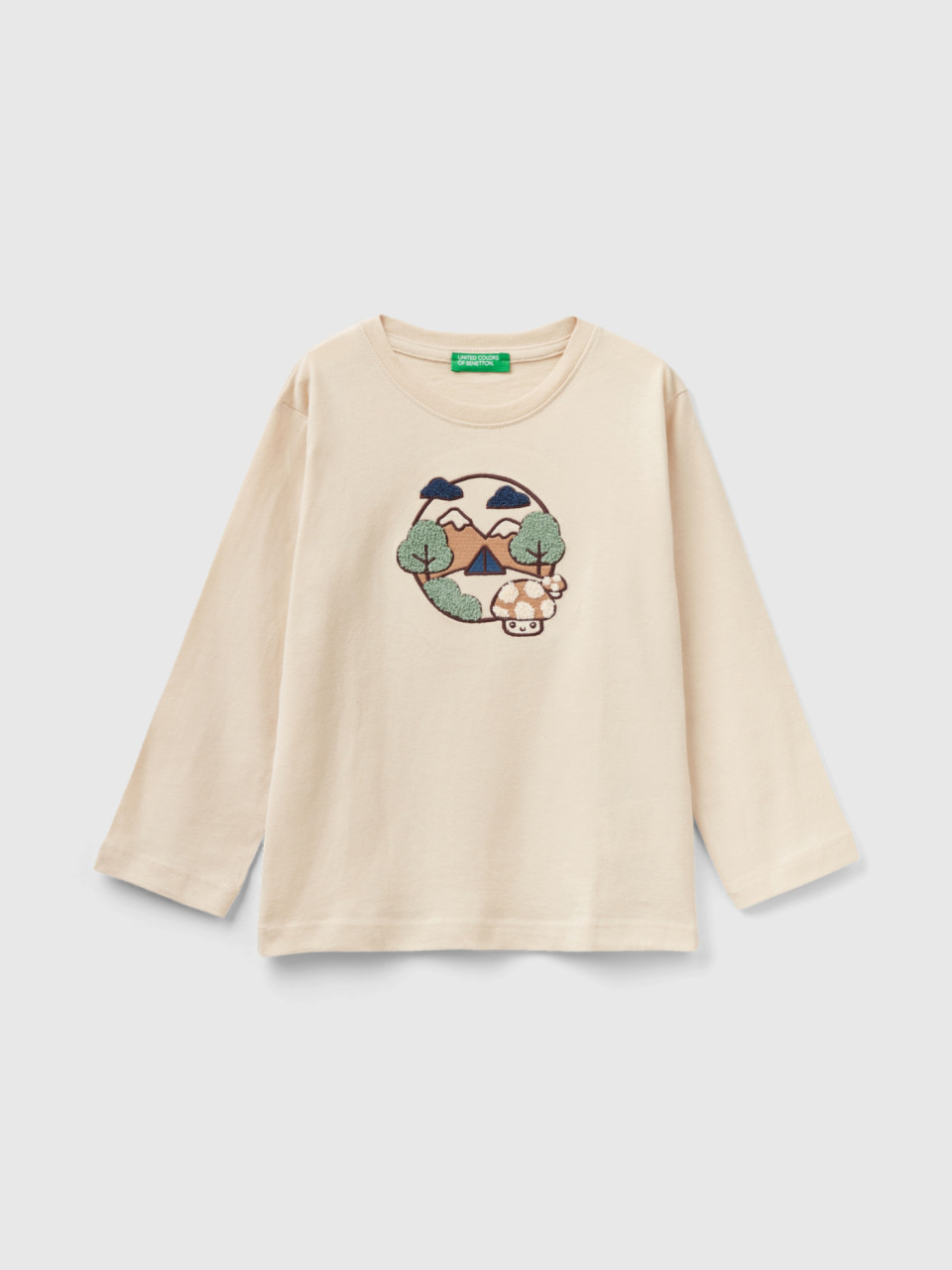 Benetton, Regular Fit T-shirt With Embroidery, Beige, Kids