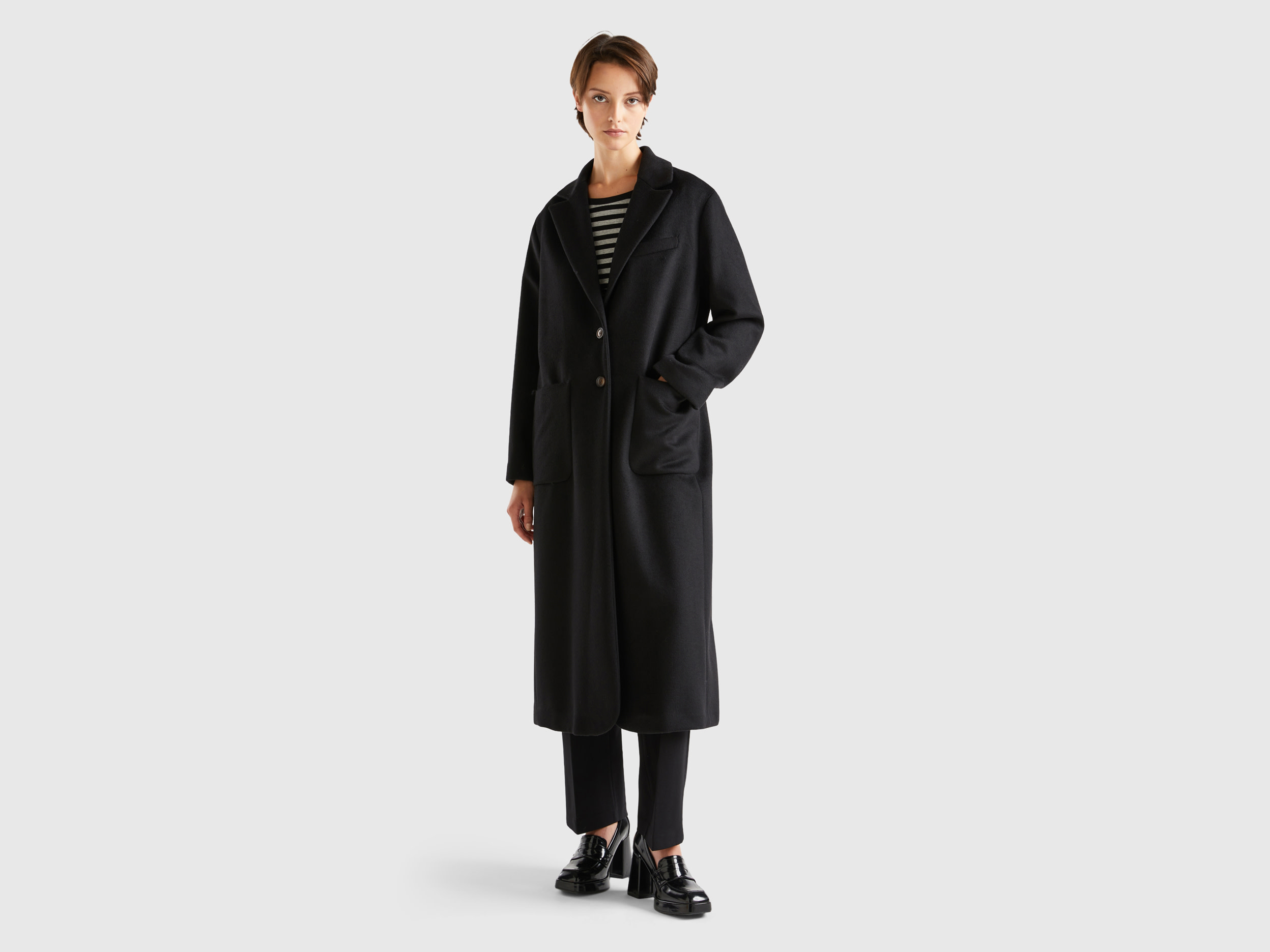 Benetton, Midi Coat In Shetland Wool Blend, size 16, Black, Women
