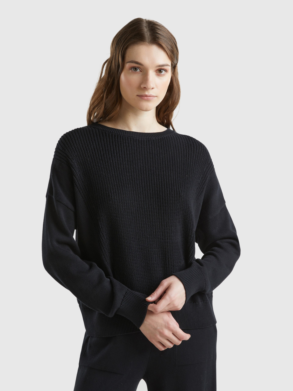 Benetton, Black Cotton Sweater, Black, Women