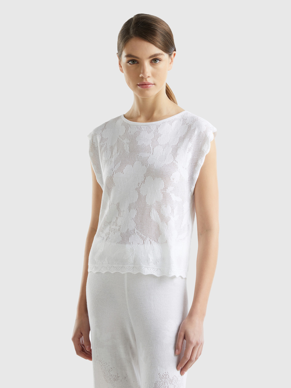 Benetton, Top With Floral Motif, White, Women