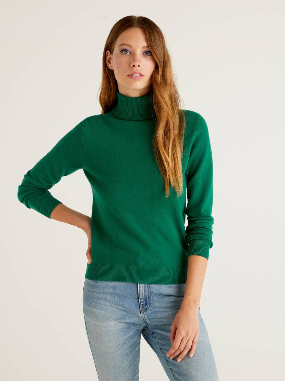 Benetton Dark green turtleneck sweater in pure Merino wool - 1002D2348_30G