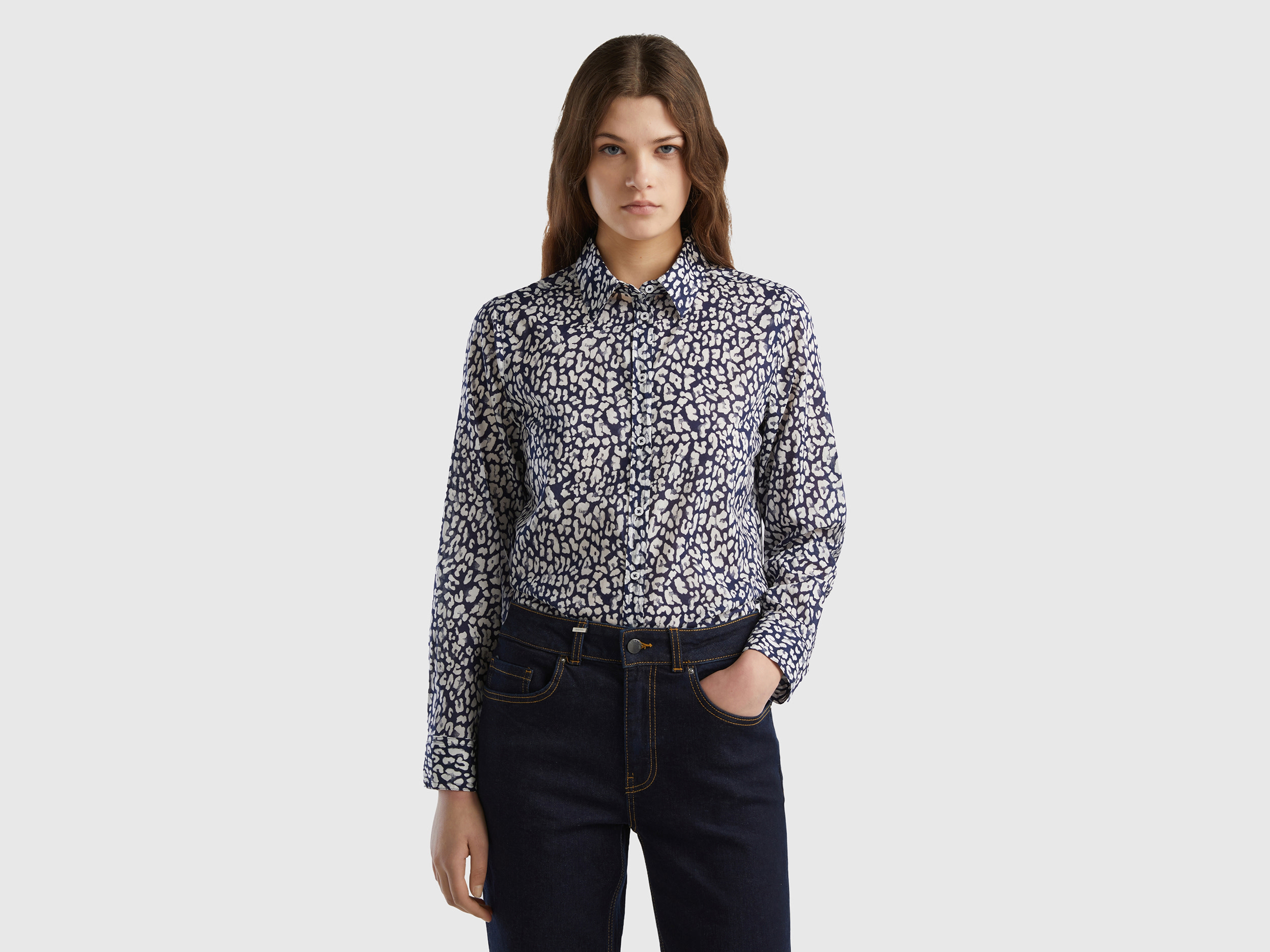Benetton, Camicia Fantasia 100% Cotone, Blu, Donna
