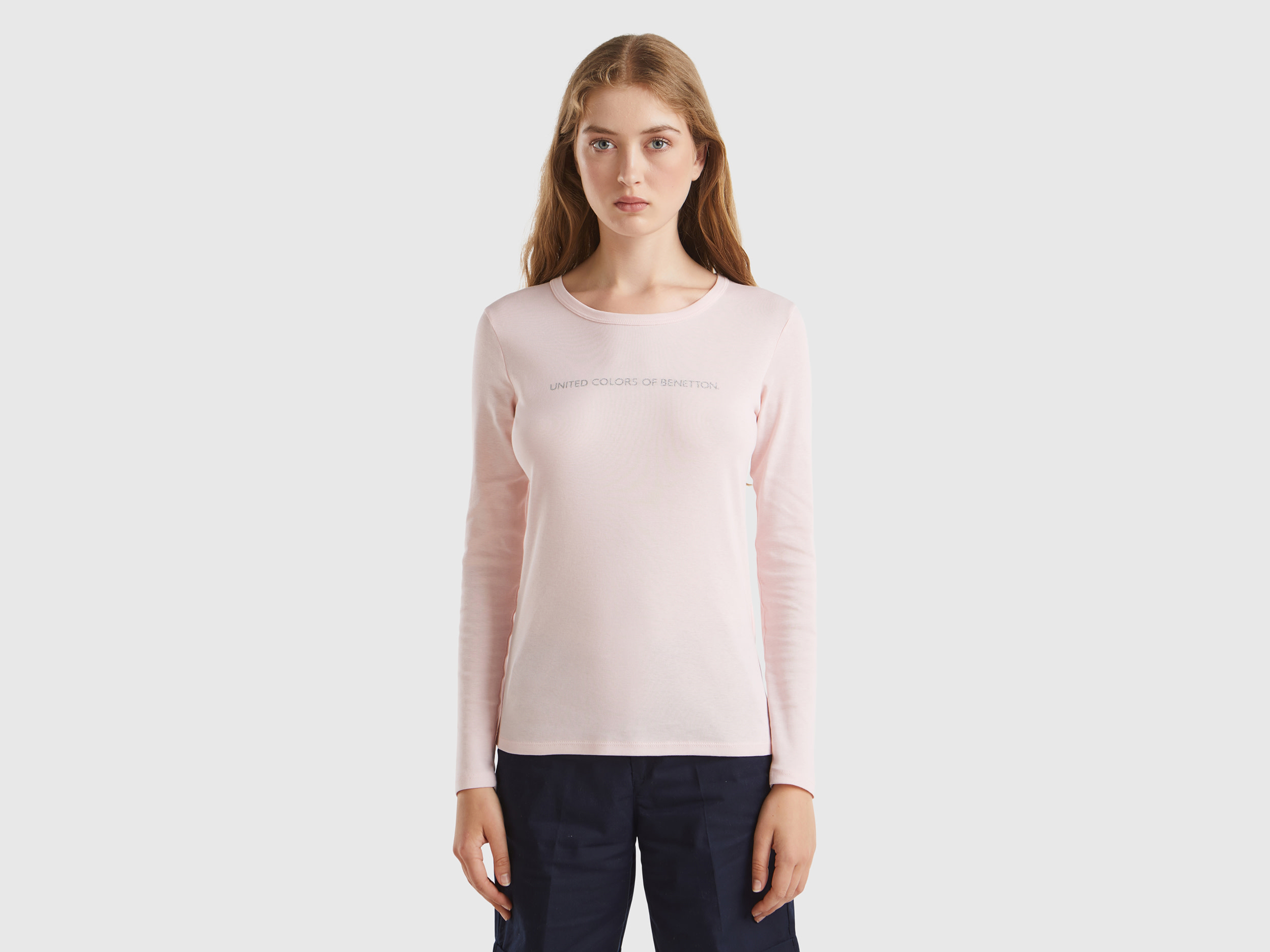 Benetton, T-shirt Rosa Pastello A Manica Lunga 100% Cotone, Rosa Pastello, Donna