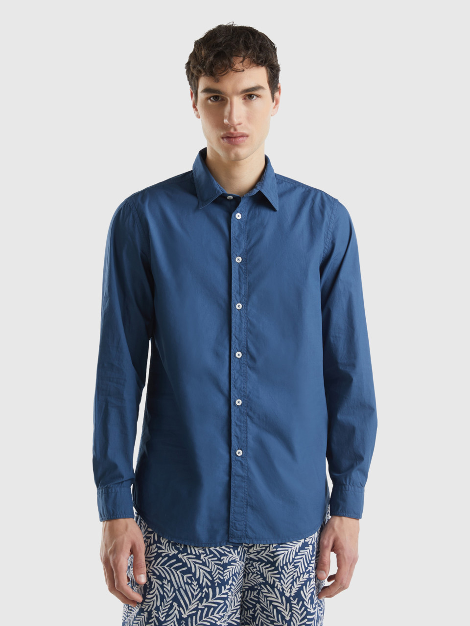 Benetton, Camisa Slim Fit De 100 % Algodón, Azul Grisáceo, Hombre