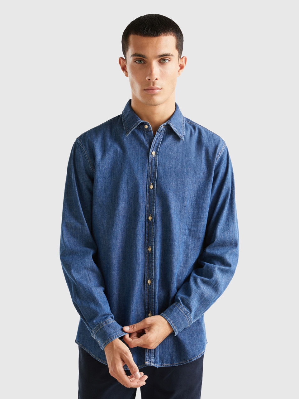 Benetton, Jean Shirt In 100% Cotton, Dark Blue, Men
