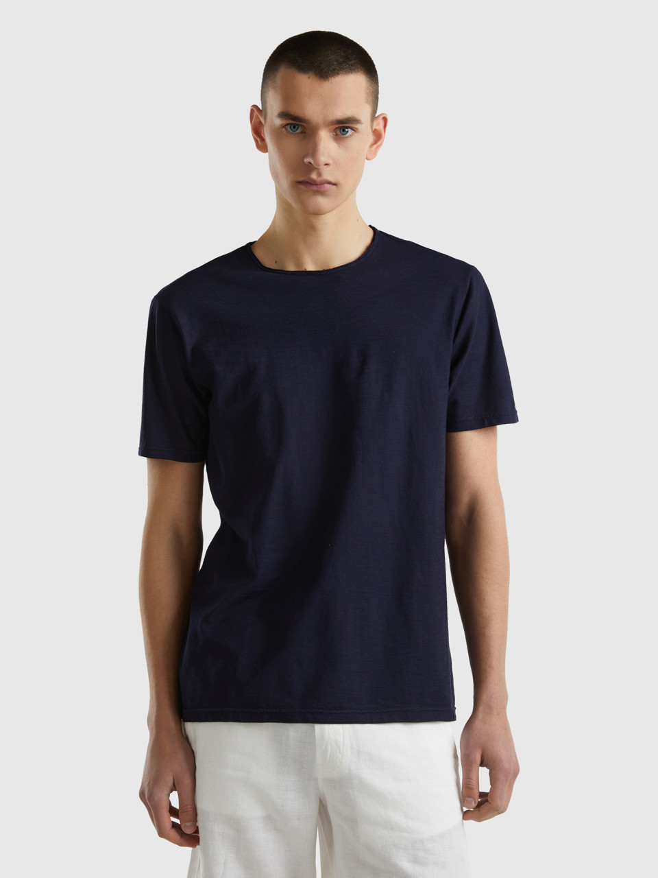 Benetton, Dark Blue T-shirt In Slub Cotton, Dark Blue, Men