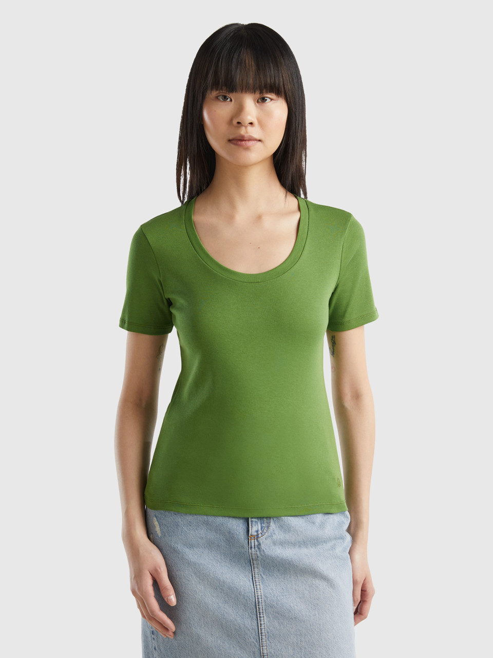 Benetton, T-shirt Manica Corta In Cotone A Fibra Lunga, Verde Militare, Donna