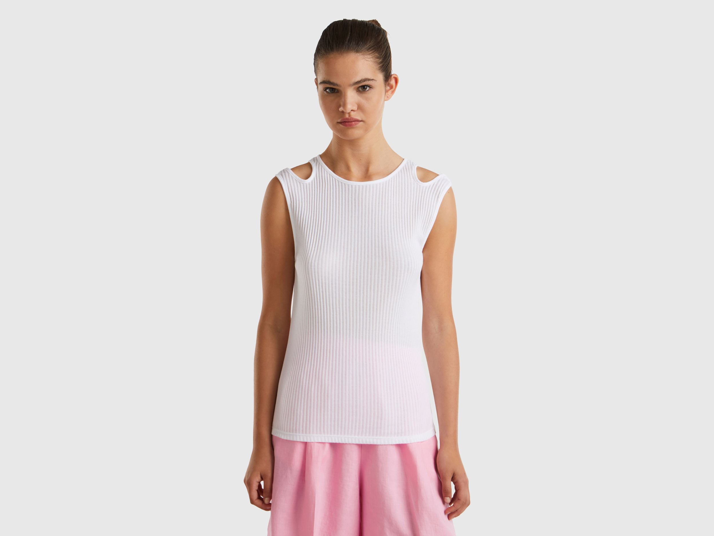 Benetton, Canotta Cut Out Slim Fit, Bianco, Donna