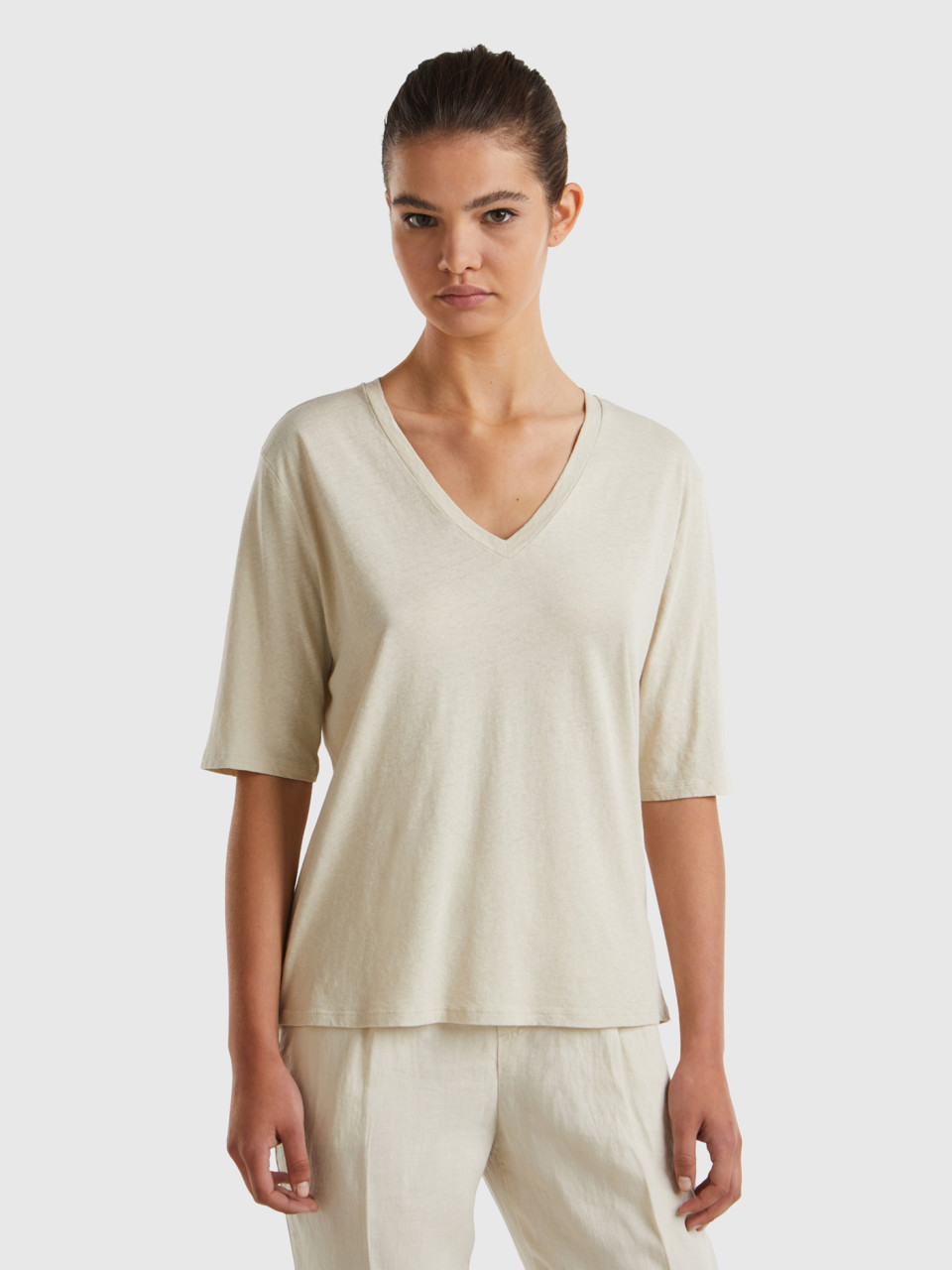 Benetton, T-shirt In Cotton And Linen Blend, Beige, Women