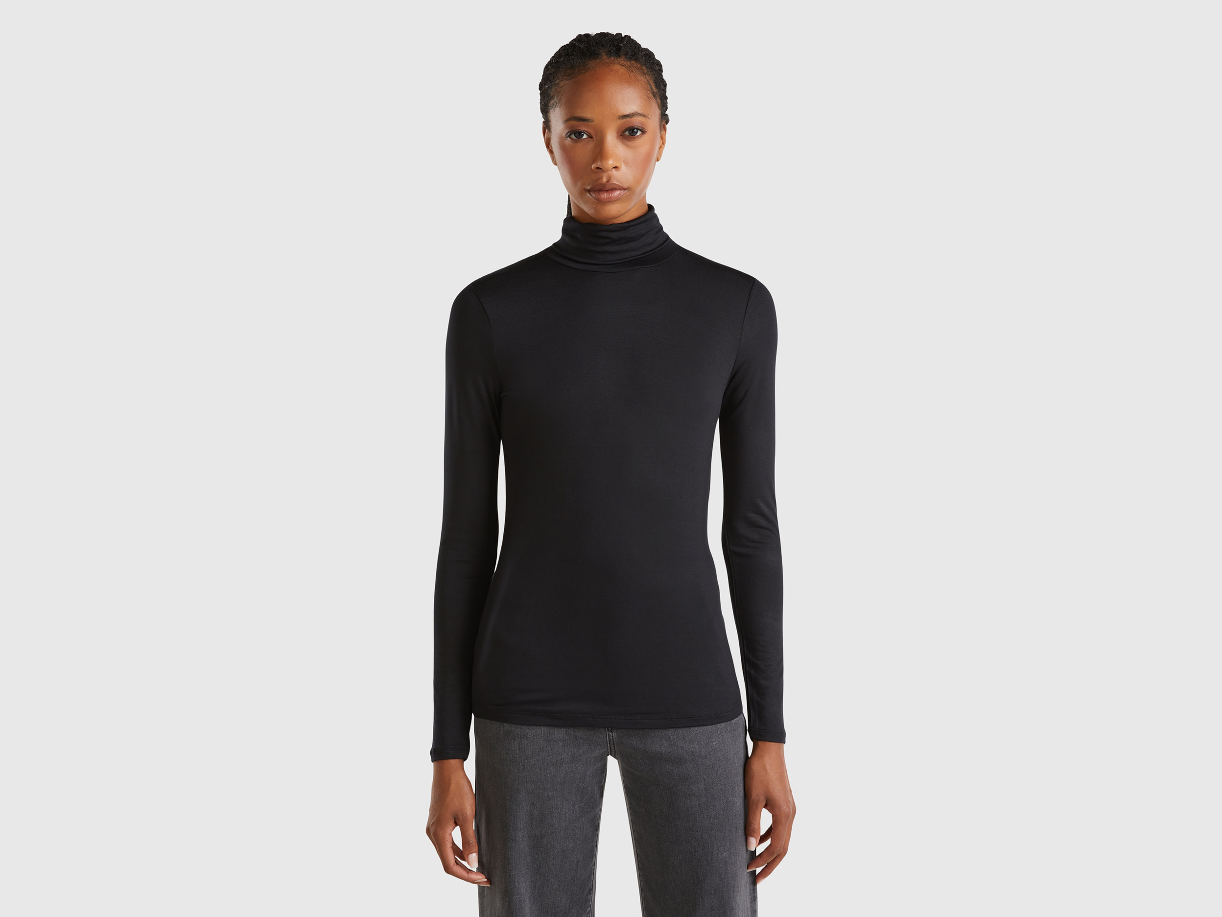 Benetton, T-shirt Lupetto In Viscosa Sostenibile Stretch, Nero, Donna