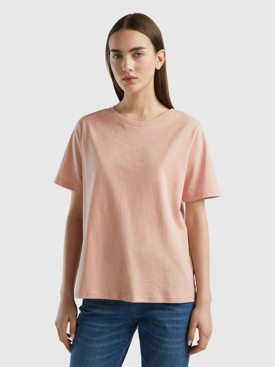 Benetton, Crew Neck T-shirt In Slub Cotton, Soft Pink, Women