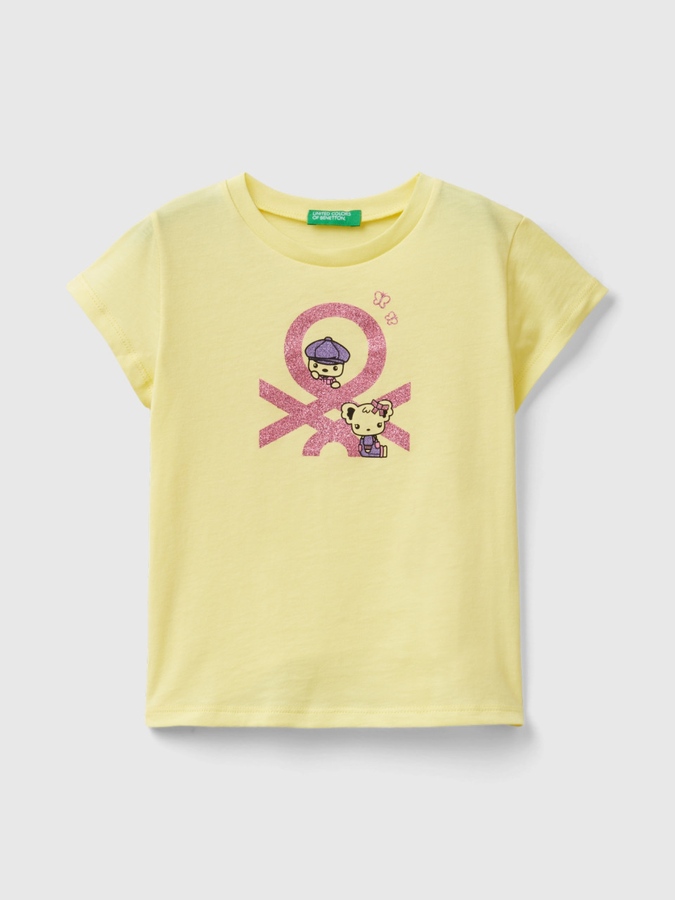 Benetton, T-shirt With Print In Organic Cotton, Yellow, Kids