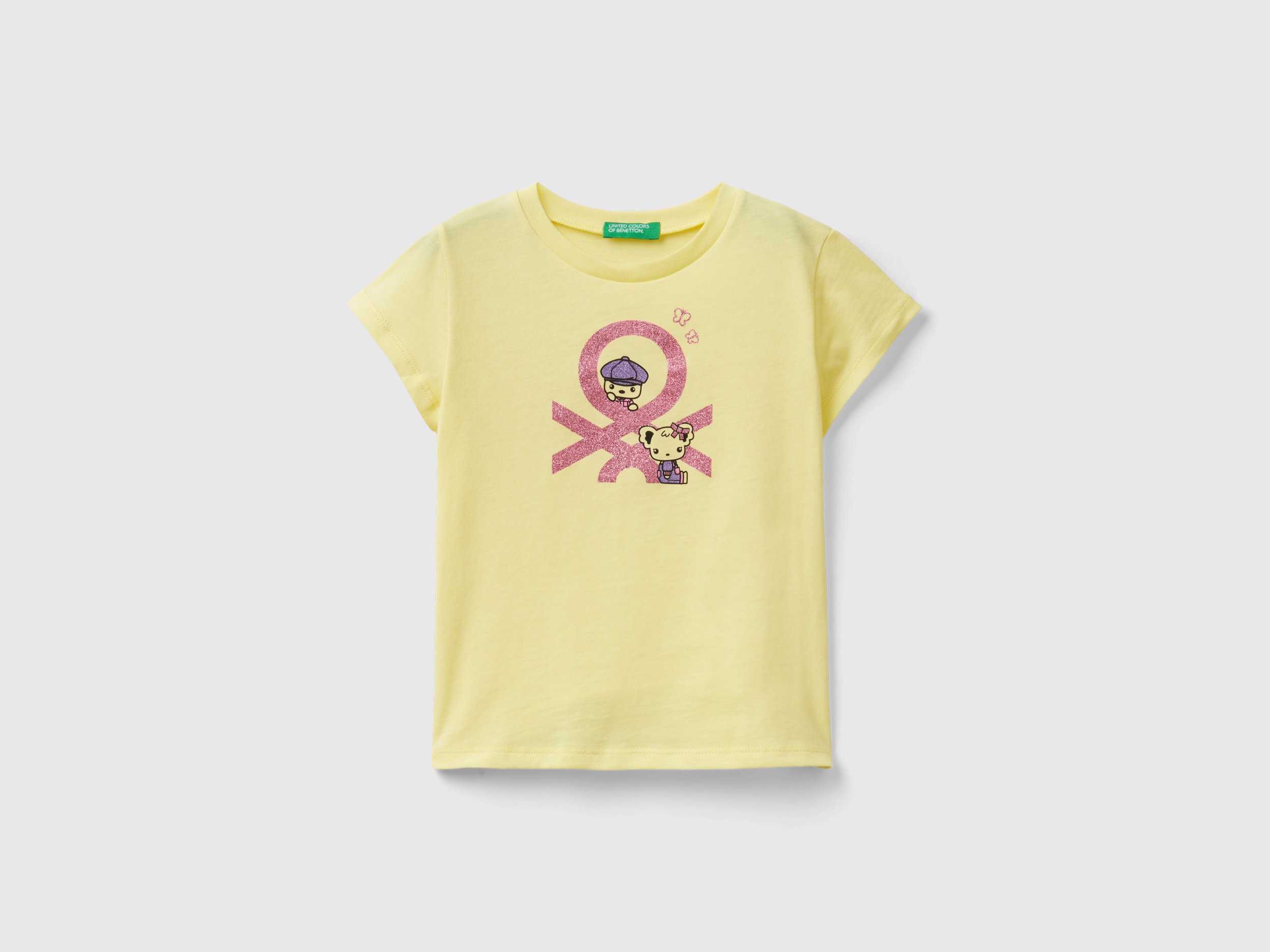 Benetton, T-shirt With Print In Organic Cotton, size 3-4, Yellow, Kids
