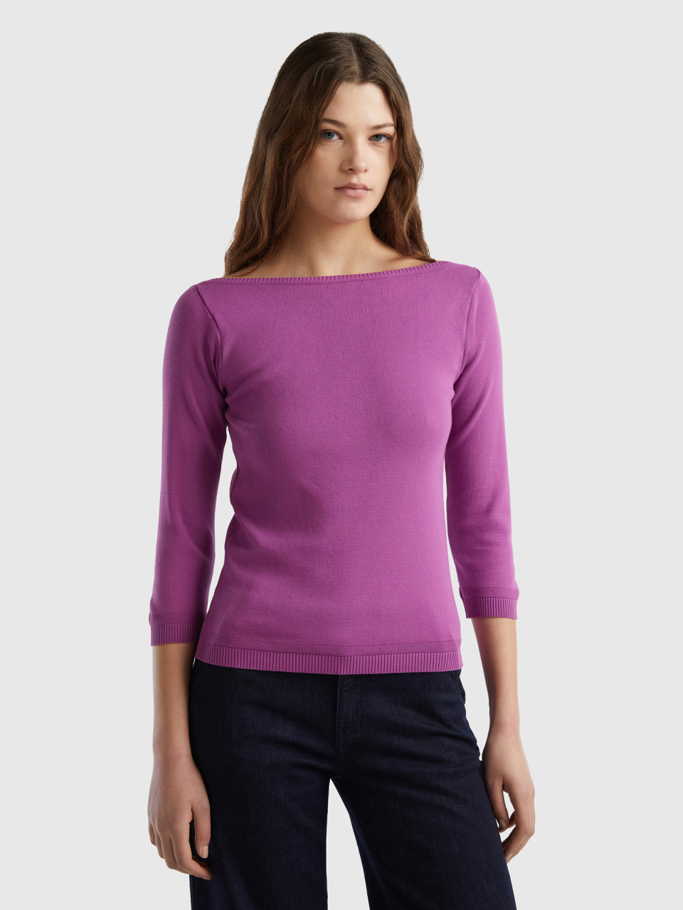 Benetton, 100% Cotton Boat Neck Sweater, Violet, Women