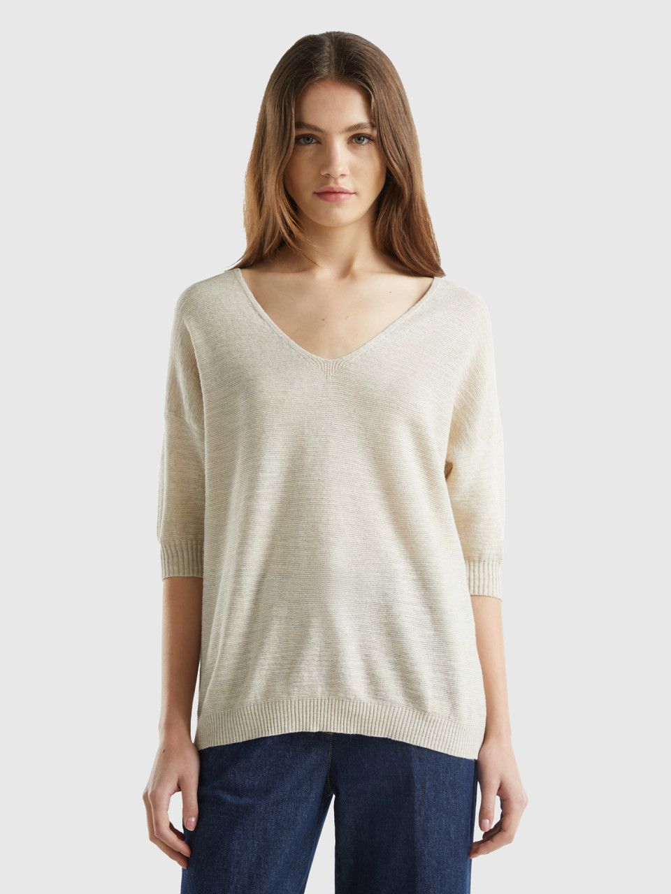 Benetton, Sweater In Linen And Cotton Blend, Creamy White, Women