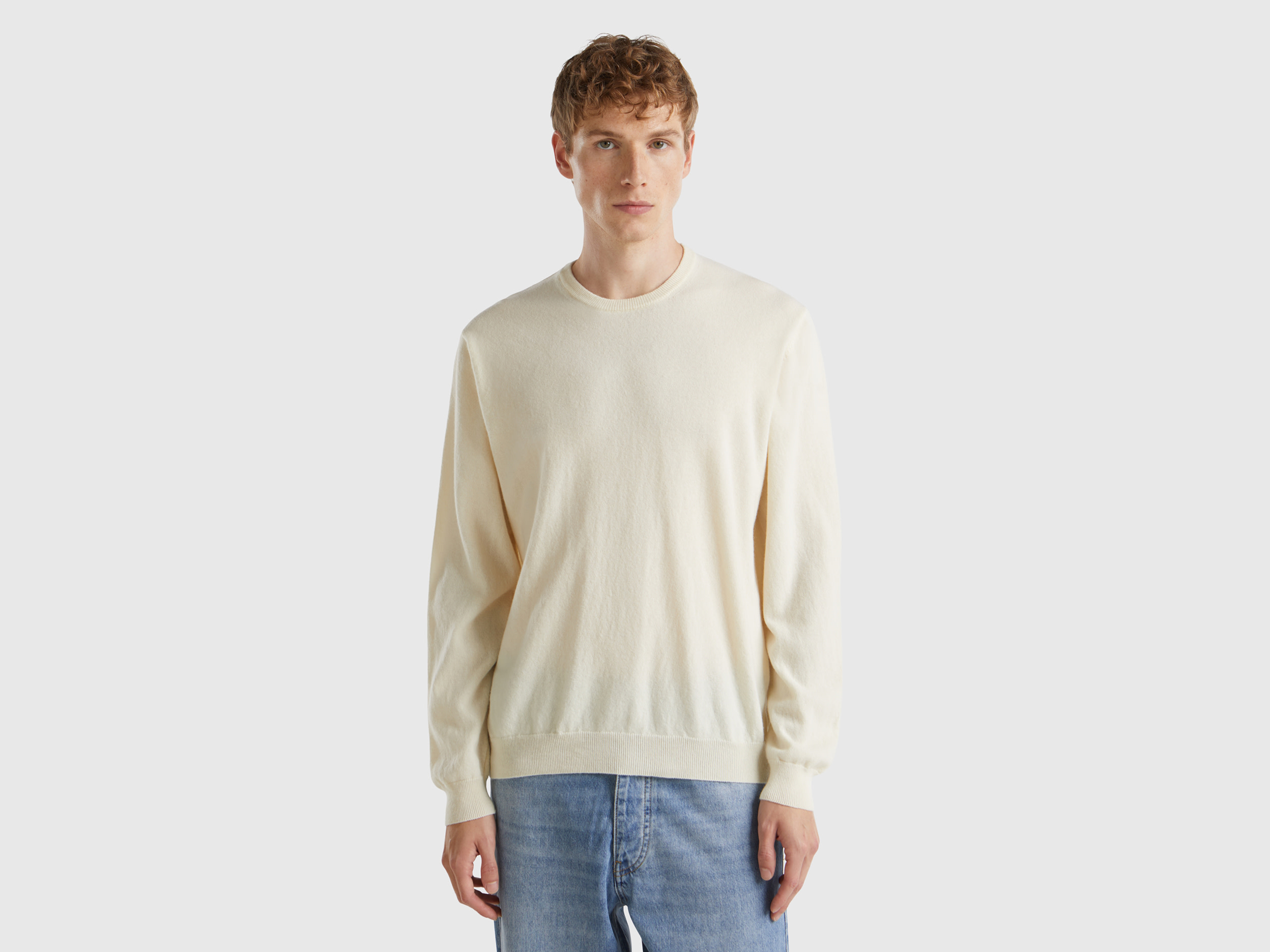 Benetton, Maglia Girocollo Bianco Panna In Pura Lana Merino, Bianco Panna, Uomo