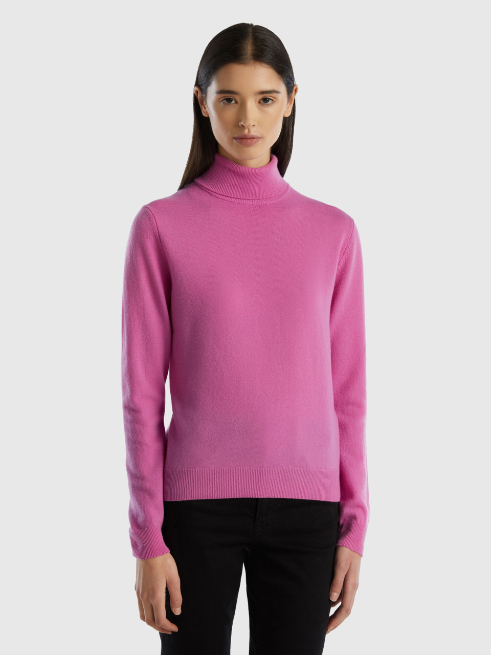 Benetton, Dark Pink Turtleneck In Pure Merino Wool, Pink, Women