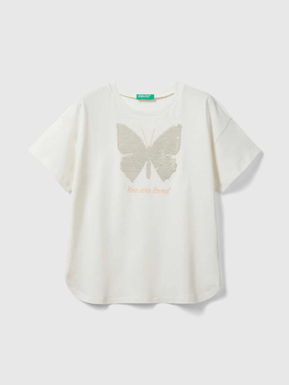 Benetton, T-shirt With Reversible Sequins, Creamy White, Kids