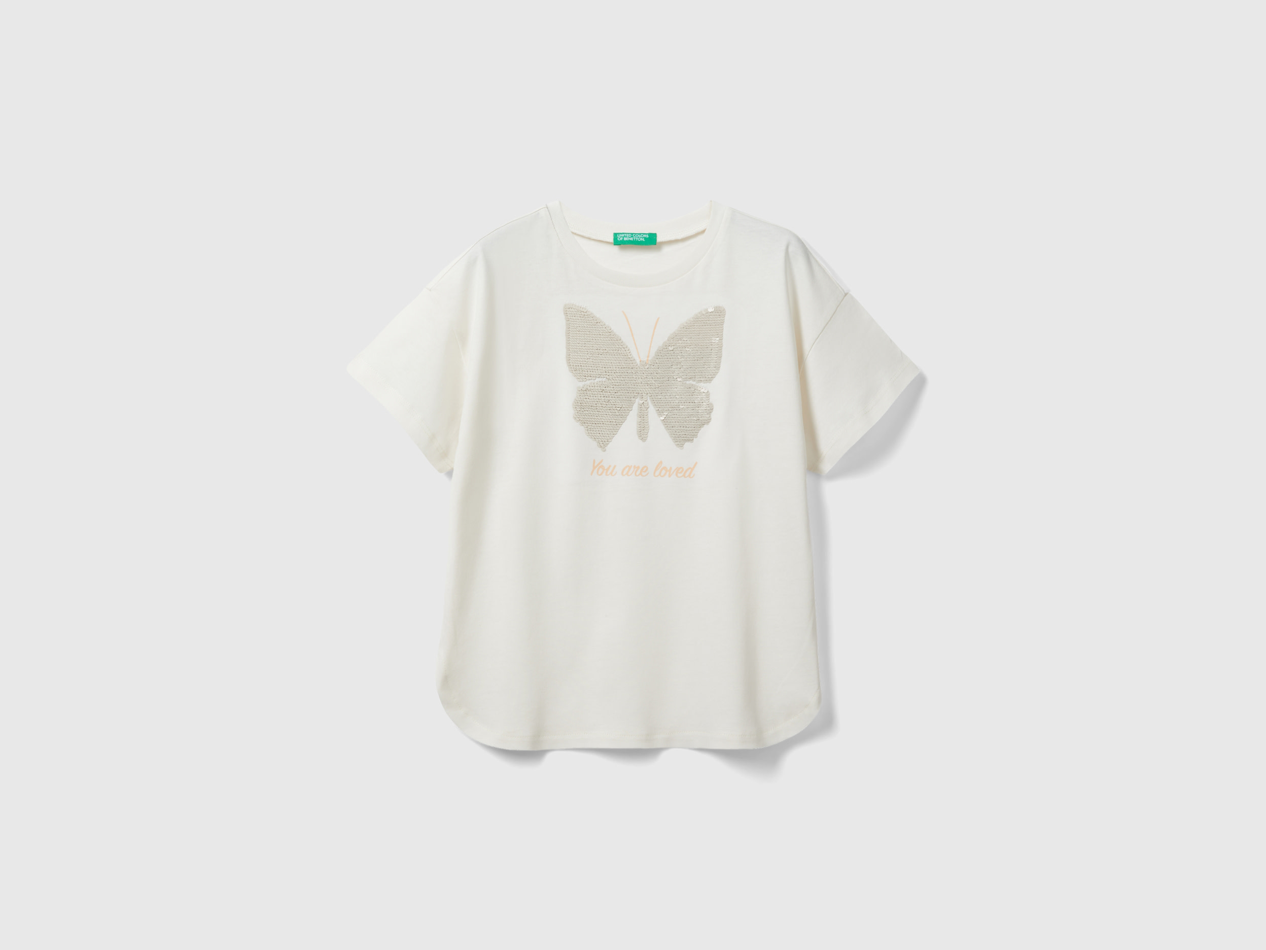 Image of Benetton, T-shirt With Reversible Sequins, size 2XL, Creamy White, Kids