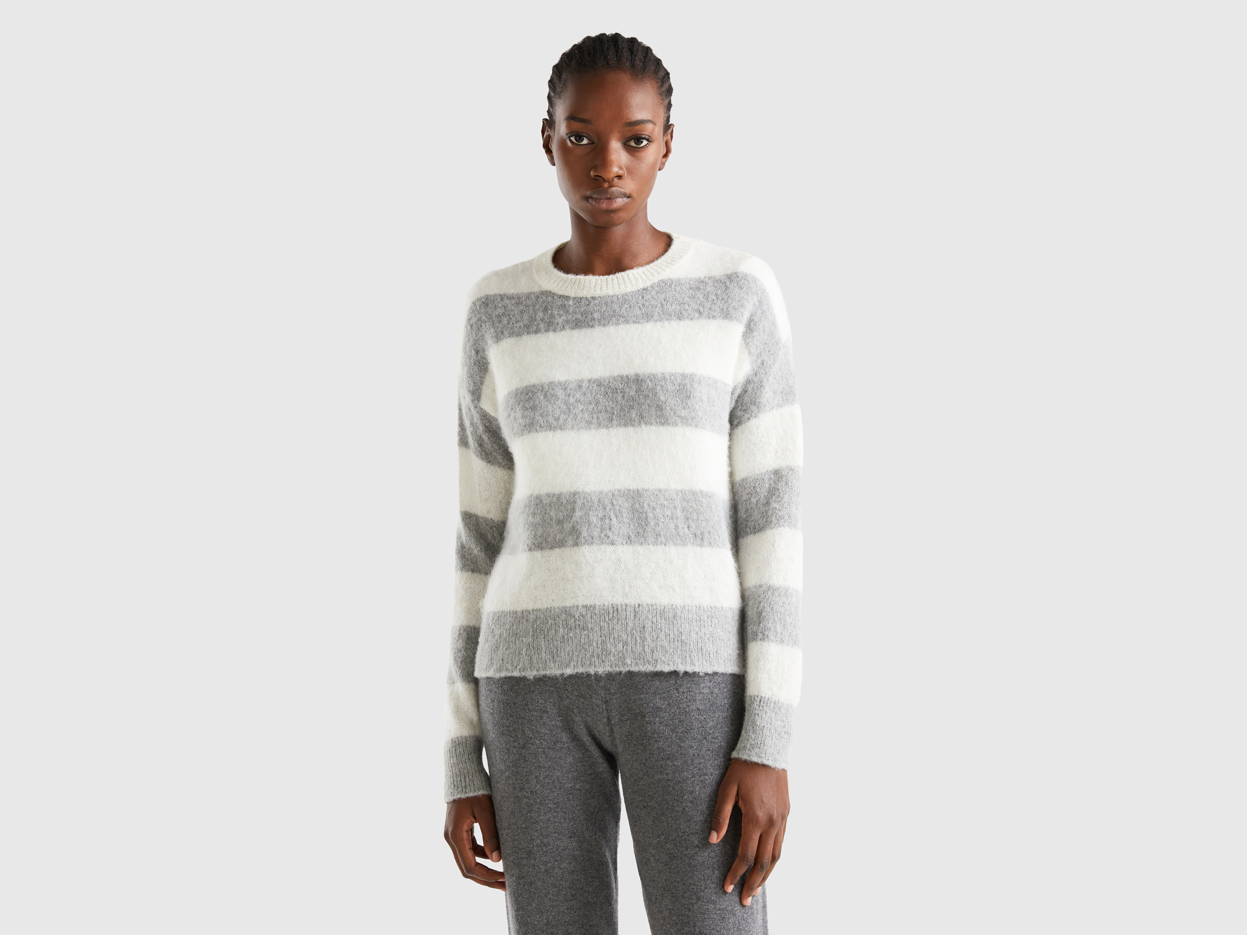 Benetton, Striped Sweater In Alpaca Blend, size S, Light Gray, Women
