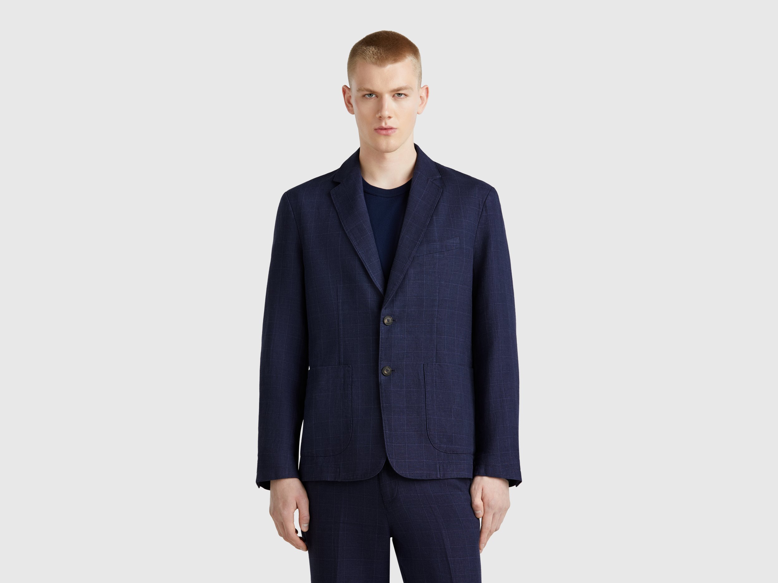 United Colors of Benetton Benetton, Μπλέιζερ Ριγέ Από Ανάμεικτο Λινό, size 52, Σκουρο Μπλε, Ανδρικά